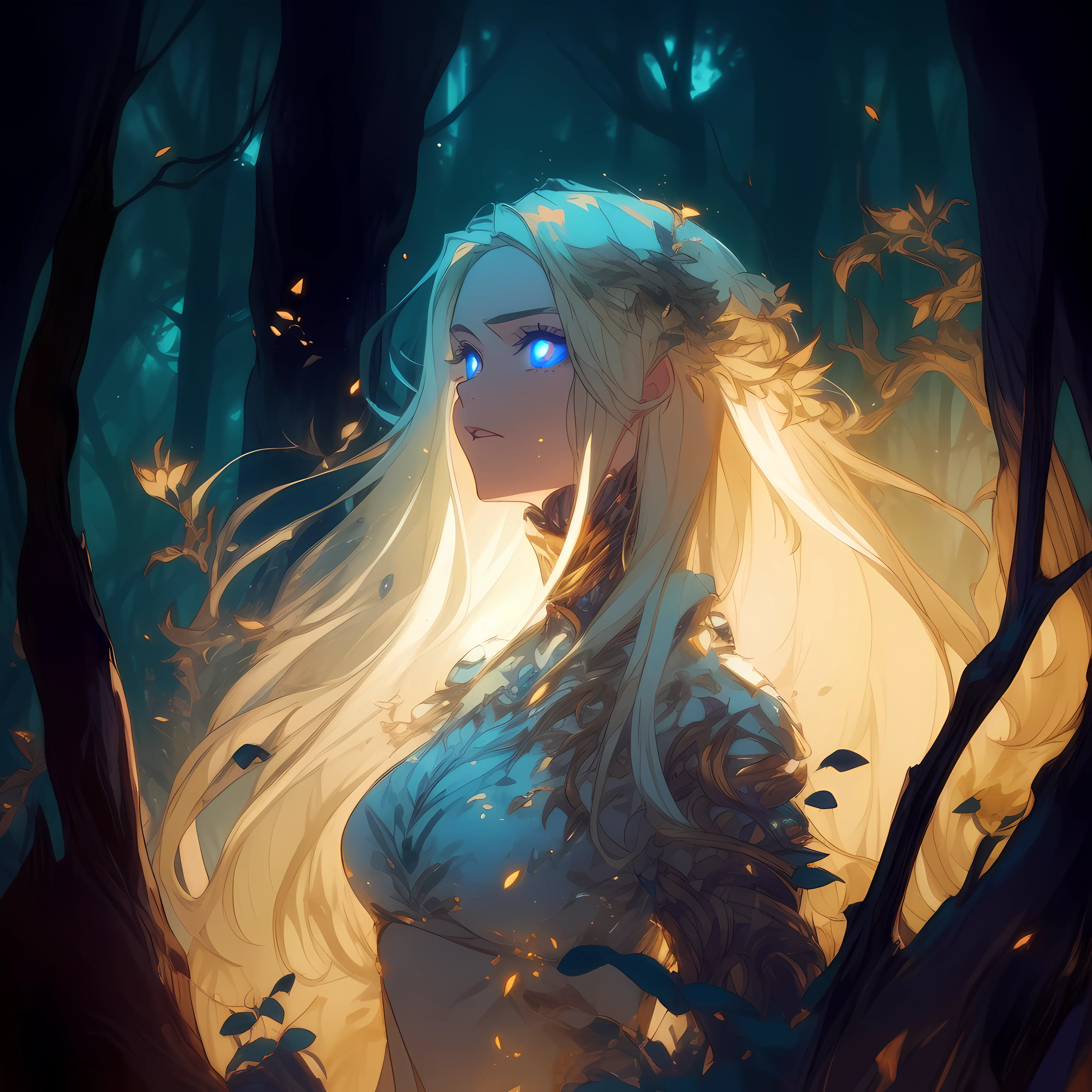 a beautiful woman, cute face, makeup, glowing blue eyes, in elegant clothing with long blonde hair standing in a forest under the moonlight, hair is glowing and wavey. (extremely detailed CG unity 8k wallpaper,masterpiece, best quality, ultra-detailed),(best illumination, best shadow, an extremely delicate and beautiful),anime, floating, beautiful dress, glowing eyes.