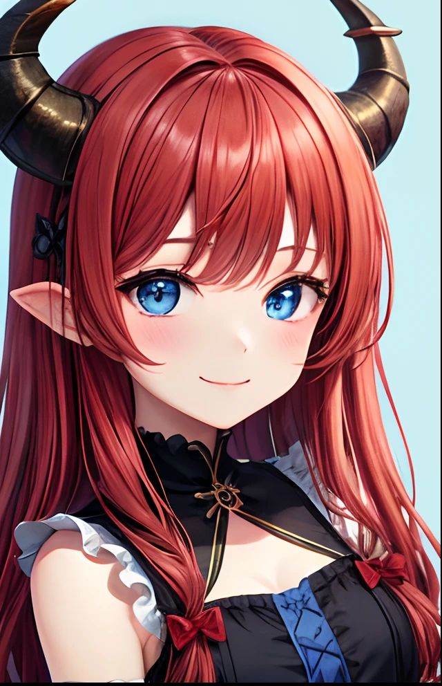 score_9, score_8_up, score_7_up, best quality ,masterpiece, 4k, Japanese anime, 1girl, (white skin:1.2),Crimson hair, short length hair, blue ribbon, drill hair, wavy hair, (mechanical dragonhorn:1.5), (mechanical wing:1.2), (eye lashes:1.3), (eye shadow:1.3), red eyes, (beautiful detailed eyes:1.4), laugh, 130cm tall, original character, fantasy, (white background:1.2), (full body:1.8), beautiful fingers, standing, (blue black lace frill armor dress:1.5), (mechanical headdress:1.5) , shoot from front, looking at viewer ,