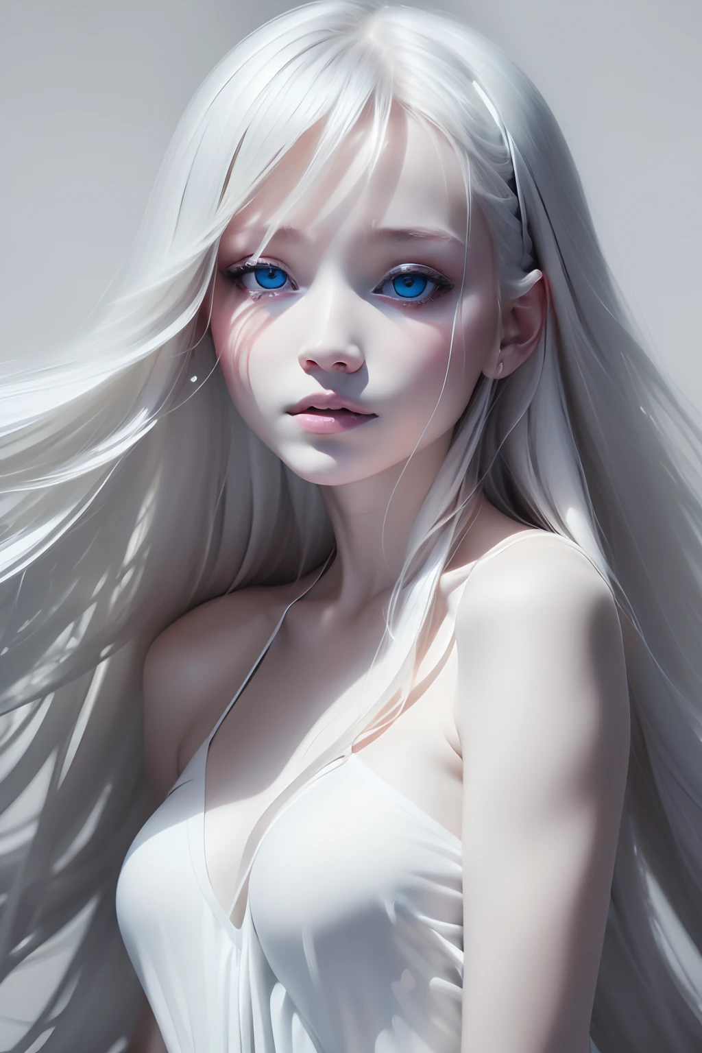 (((White background:1.3)))、Best Quality, masuter piece, High resolution, albino girl、(((1girl in))), ,(((eyes are white:1.3)))、robe blanche、((White shirt:1.3、White Block Dress)), Tindall Effect, Realistic, Shadow Studio,Ultramarine Lighting, dual-tone lighting, (High Detail Skins: 1.2)、Pale colored lighting、Dark lighting、 Digital SLR, Photo, High resolution, 4K, 8K, Background blur,Fade out beautifully、a white world、White background