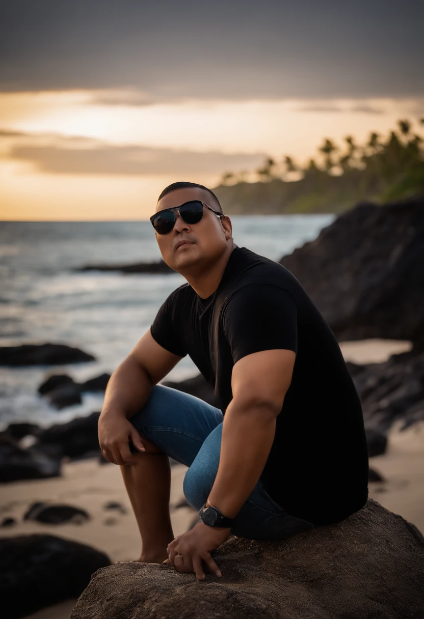 black short hair, oriental man, fat man, Hawaii, beach, sunset, backside, jeans, black tee, sunglasses, sitting on rock