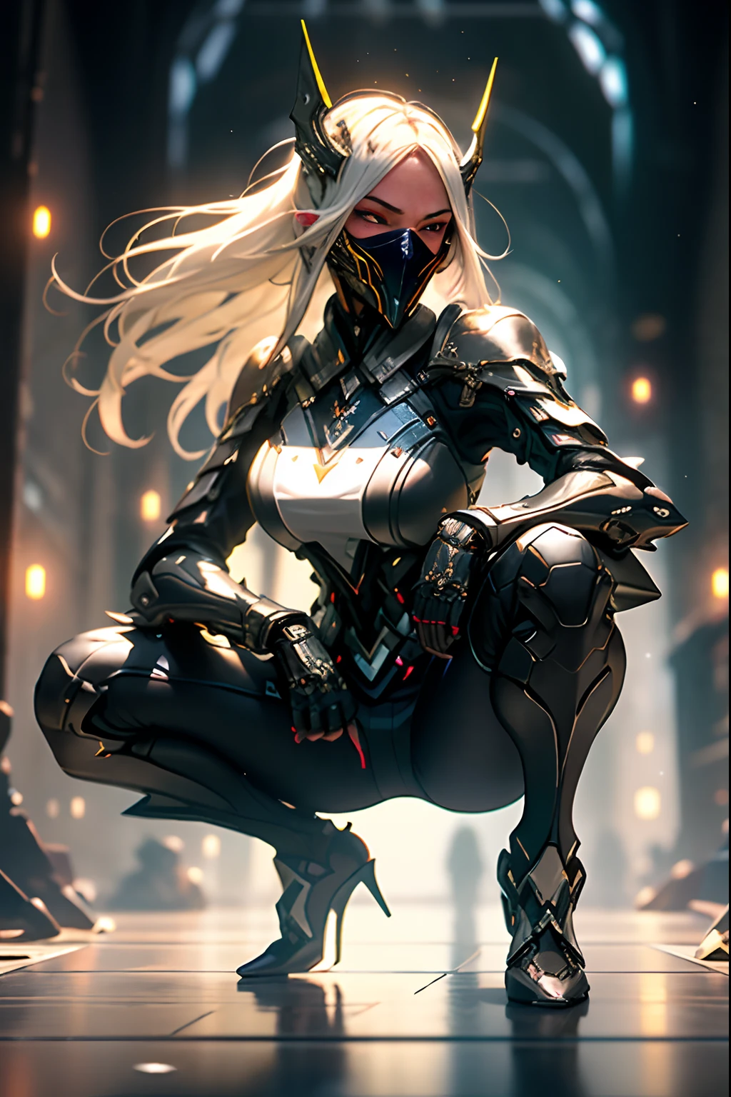 sexy girl, cabelos brancos e curtos, corpo completamente coberto por uma armadura de RPG assassino medieval, warframe design as,seio grandes, espartilho, Punhais, mask, sexy, casta, olhos vermelho, silver pants with black leather, corpo musculoso e torneado, cicatriz, energy aural emitting, action posting packed, posting for the pictures, magic emitting in hands,double piece, low angle, M-shaped white-haired woman, red eyes,open legs, squatting, camel-like legs, molyman, shot from below, glaring, upper body, big breasts, slender body, delicate body, light clothing, biting panties, medusa, take up close, close up