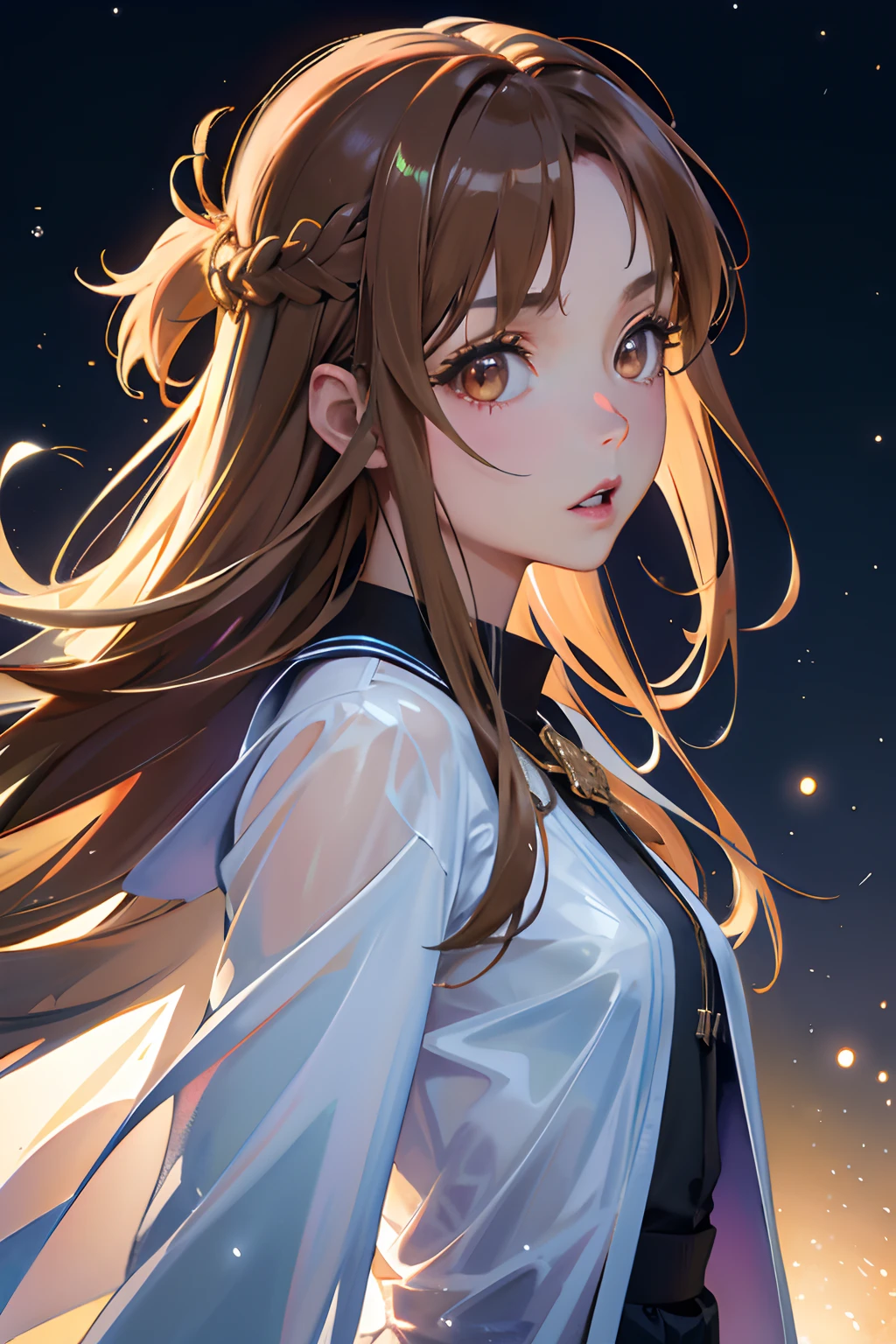 Official art, Unity 8k Wallpapers, ultra-detailliert, Beautifully Aesthetic, masterpiece, top-quality, realisitic, a closeup, Skindentation, interface, A detailed eye, A detailed face, detailed hairs, black backgrounds, straight-on, looking at the viewers, The sheen, Anime, looking at viewer with a cigarette in her mouth, highly detailed with reflections transparent iridescent opaque jacket, Long transparent iridescent RGB hair, 1girl in, Solo, fronds, Long hair, Blurry, Shirt, Parted lips, Outdoors, Floating hair, Long sleeves, White shirt, Bangs, Upper body, Open mouth, tusk, Brown eyes, Wind, Winters,Yuki,snowscape,Blurry background, day, depth of fields, bug, Sword Art Online,Asuna,Sparkling eyes,Brown hair,Eyes like a galaxy,