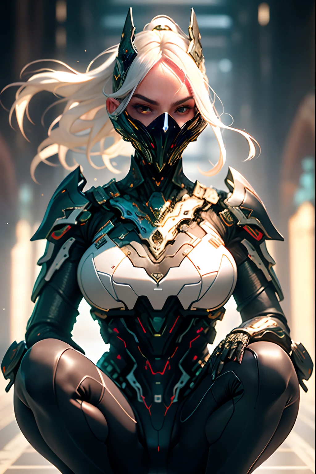 sexy girl, cabelos brancos e curtos, corpo completamente coberto por uma armadura de RPG assassino medieval, warframe design as,seio grandes, espartilho, Punhais, mask, sexy, casta, olhos vermelho, silver pants with black leather, corpo musculoso e torneado, cicatriz, energy aural emitting, action posting packed, posting for the pictures, magic emitting in hands,double piece, low angle, M-shaped white-haired woman, red eyes,open legs, squatting, camel-like legs, molyman, shot from below, glaring, upper body, big breasts, slender body, delicate body, light clothing, biting panties, medusa, take up close, close up