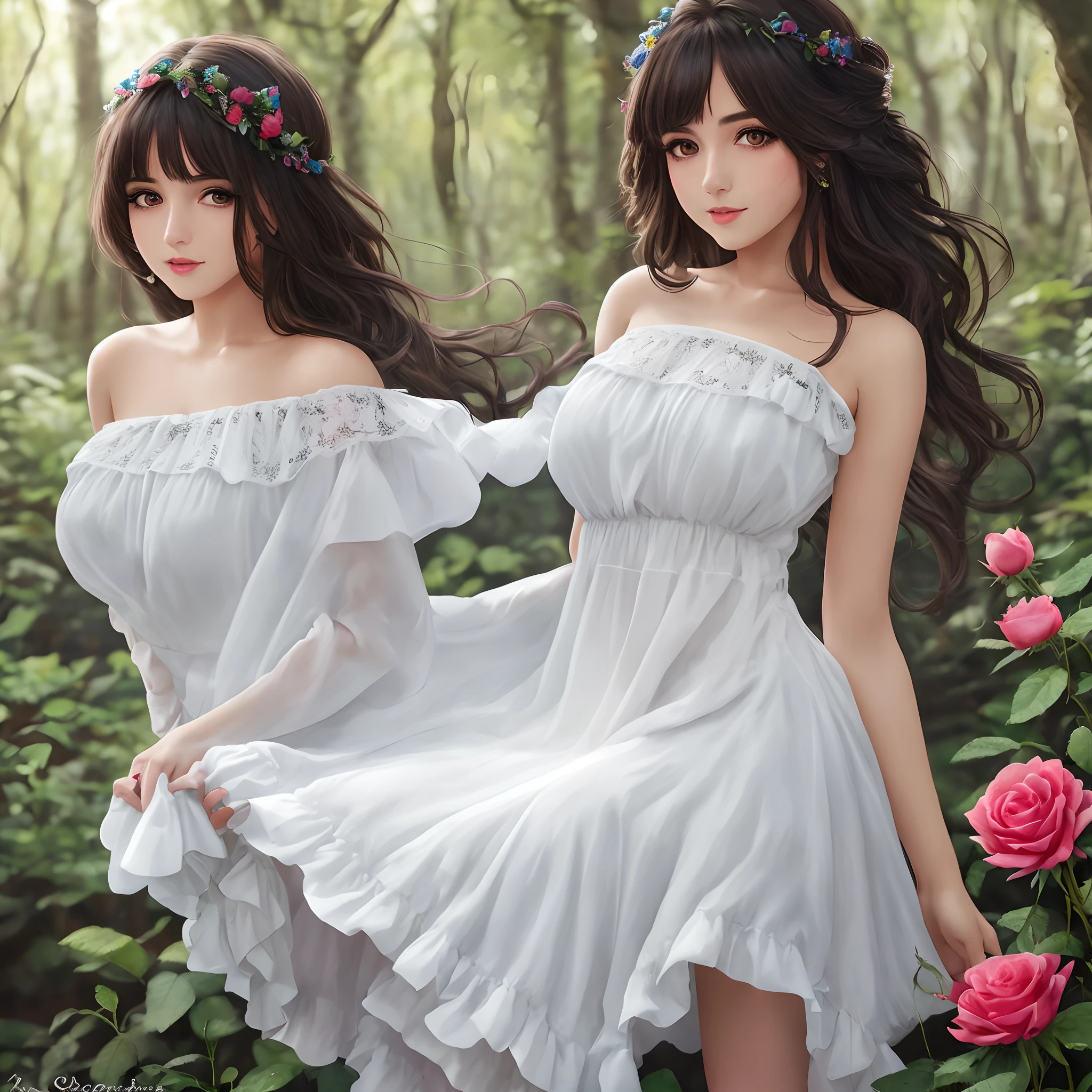 trois belle déesse, 22 ans, les trois graces, peau brillante cheveux rose vif. ailes de papillon sur le dos, yeux bleu clair détaillés gros seins de haute qualité. décolleté vêtements asiatiques et grecs. sourire, des ailes de papillon sortent de son dos