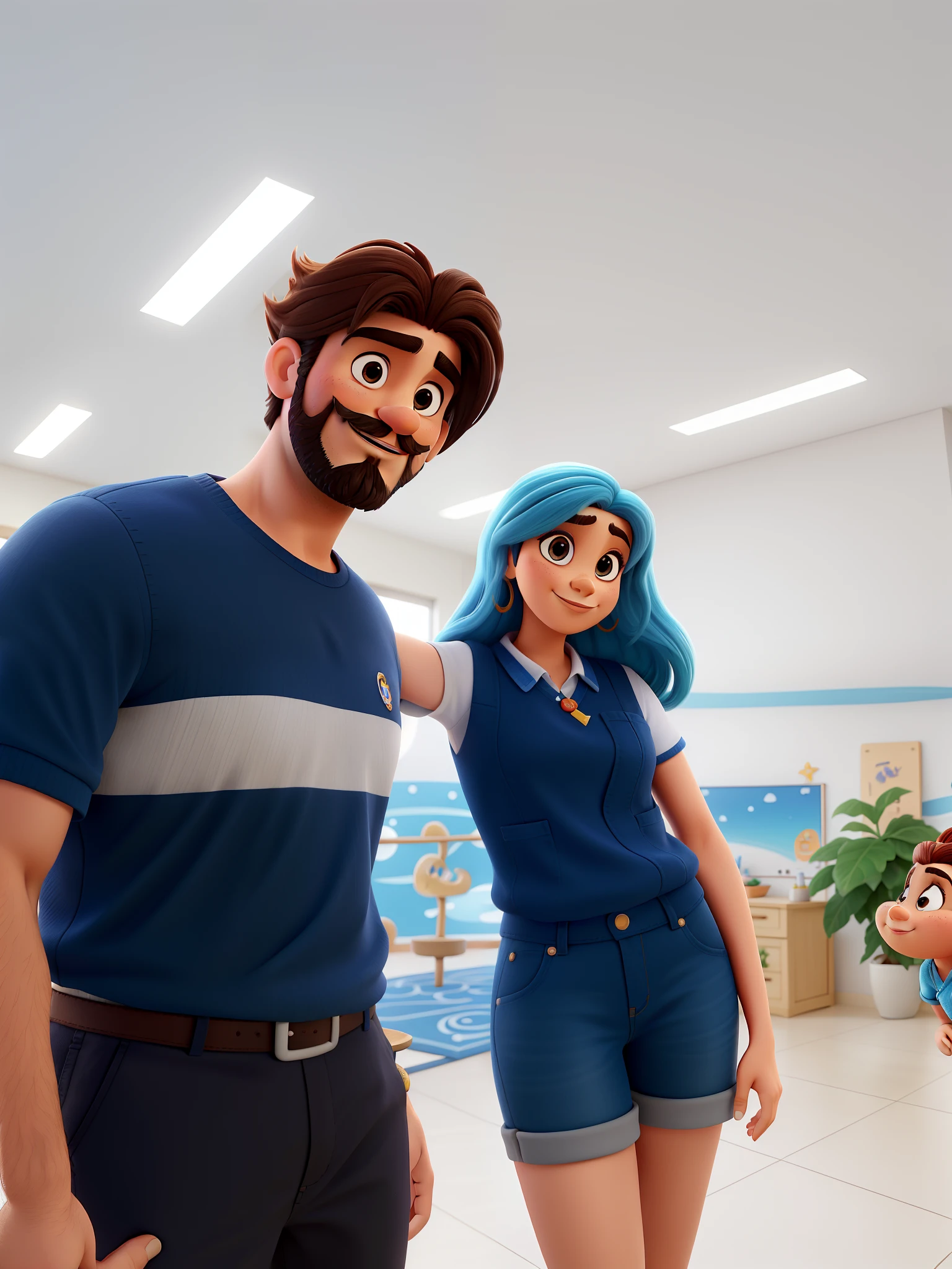Lovely couple, jovem artista de cabelos com mexas azuis e pretas e homem do cabelo cacheado crespo enrolado com barba bigode, no estilo disney pixar cartoon, qualidade alta, plano de fundo neutro sem nada aparecendo.