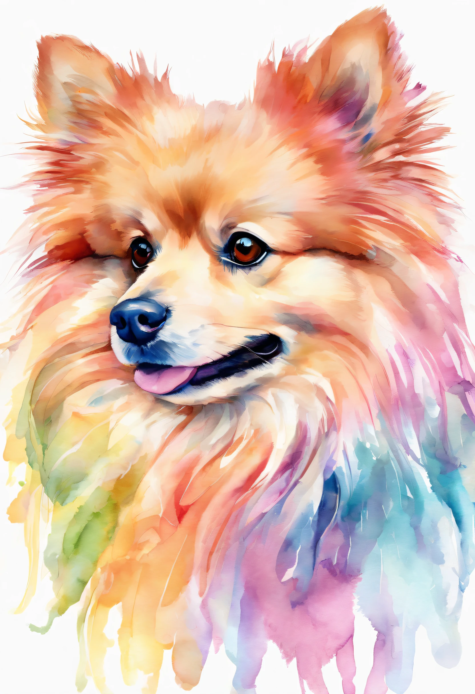 3d aquarela lulu da pomerania muito peludo e com focinho muito extremamente curto, orelhas com pontas redondas,fundo escuro,high resolution,alta qualidade, tons rosa gold e pastel