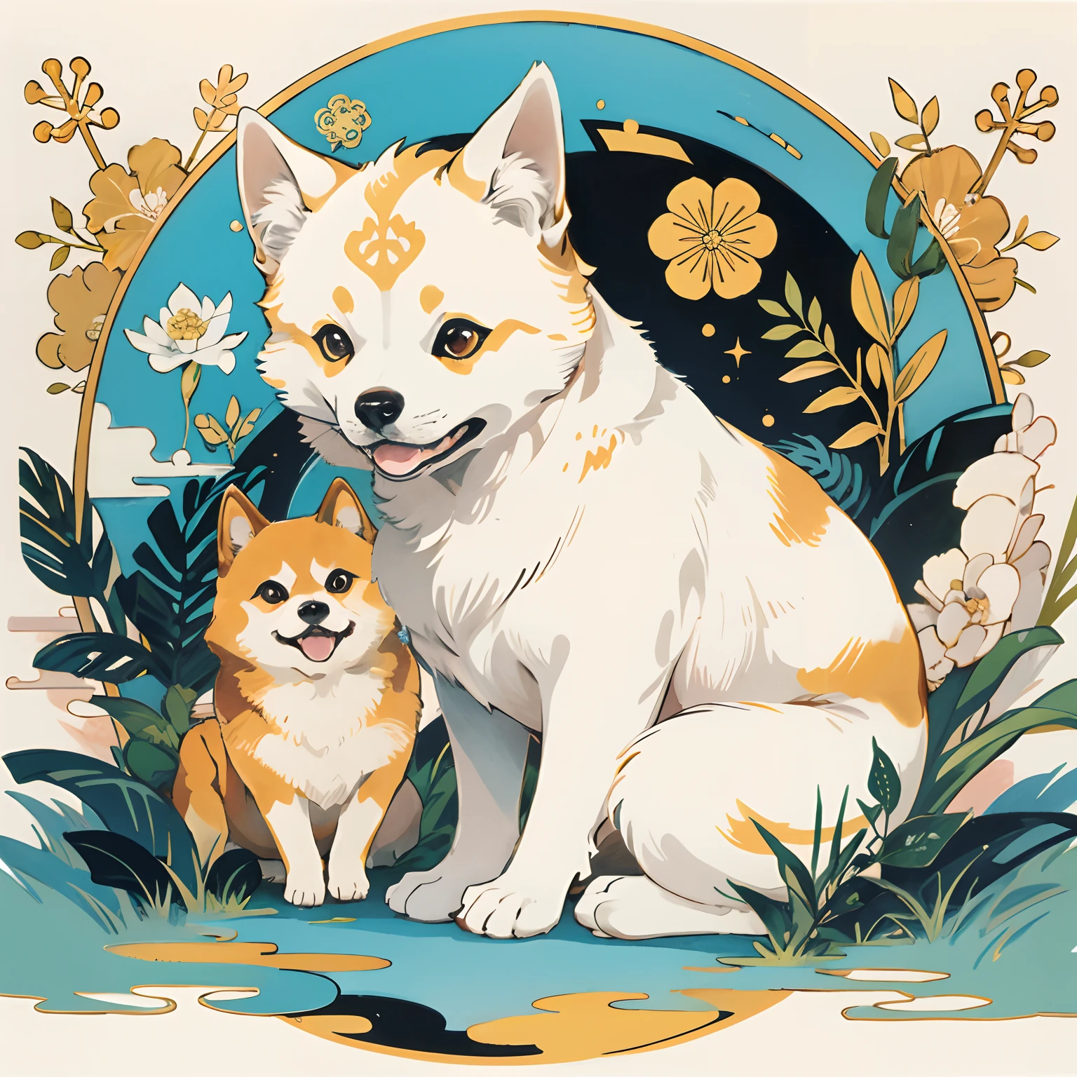 Copic marker illustration in a Japanese manga style of a Shiba Inu, mimicking the pose of a Maneki Neko,