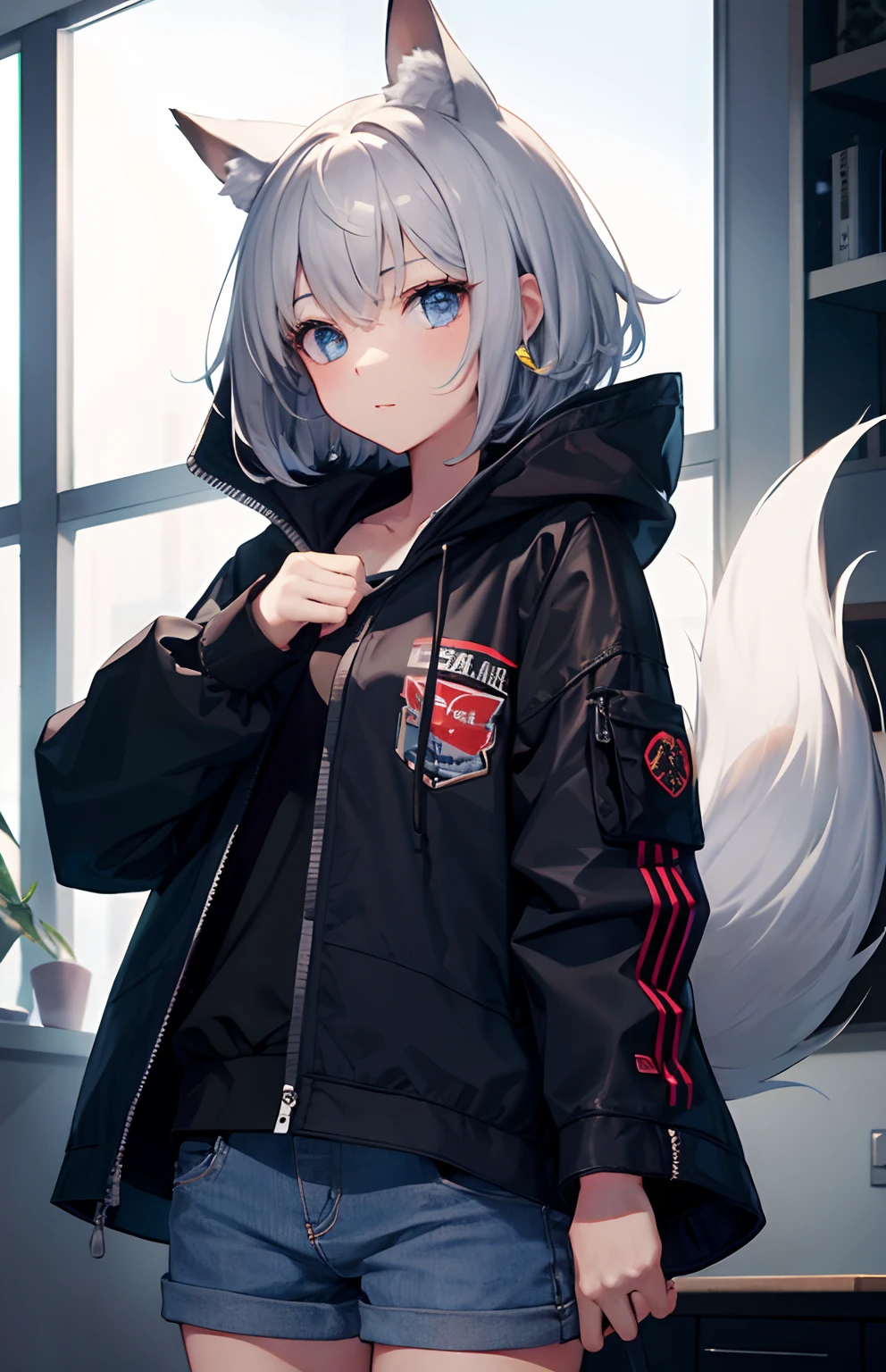 masterpiece,Top image quality,hight resolution,imagem 4k,Raw photo,Photorealsitic,{Solo},s girl,silber hair,Bery short hair,stare at each other,Blue eyes,小柄,Silver fox ears,Fox tail,Silver Accessories,,,boyish,、,shortpants,parka,gargantilha,Black mask,tits out