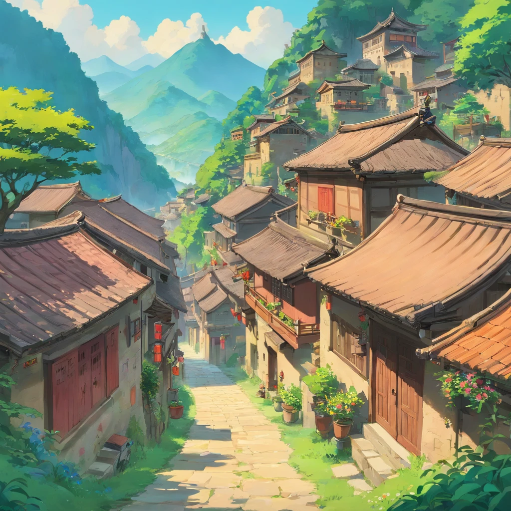 rural village background,The Zhuang people sing mountain songs,Guangxi Mountain,a color,Guys,Zhuang costumes