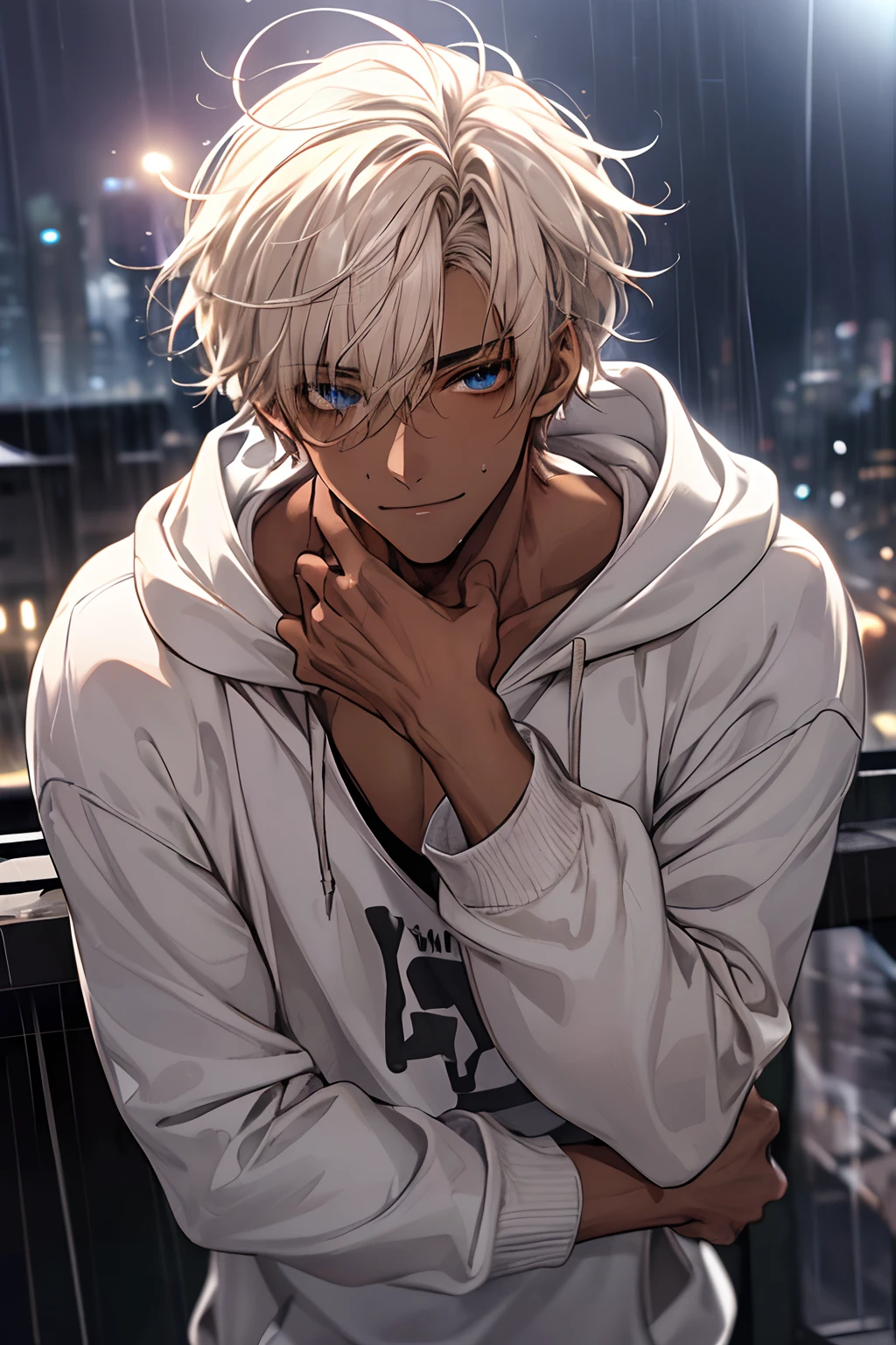 {{top-quality,masterpiece,8k wallpaper}},top-quality,Ultra-detailed CG Unity,Particle,Cinematographic lighting,lensflare,((1 ager)),a handsome,youthfulness,a 20-year-old boy,slender,close up of face,Looking at the camera,{{Sunburned skin,Brown skin,Brown-skinned,Arab}},Smile softly,Delicate eyes,Dark blue eyes,platinum-blonde-hair,Hair of medium length,hair messy,dark boy,Wearing a hoodie,Skin gets wet,Rainy city,England at night,Rainy England Cities.
