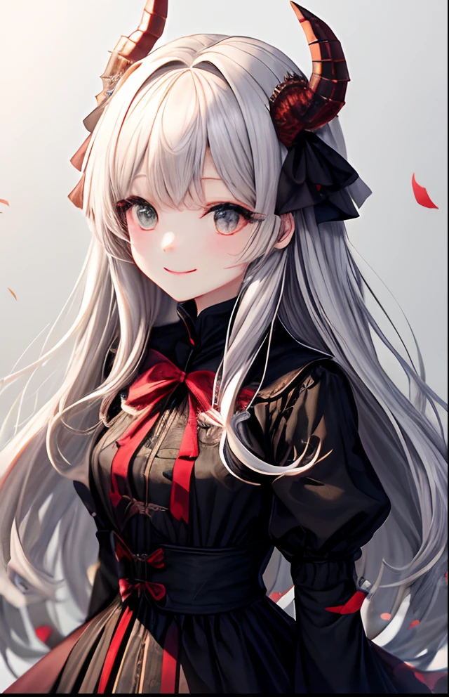 girl with、No background、without background、Background through、Gray hairs、Gray hair、The long-haired、Long、Subject bangs、Aligned bangs、Black eyes、Black eyes、Eyes sparkle、Sparkling eyes、Red and black dress with stripes、bow ribbon、The dragon、shenron、feathered、A smile、kawaii、without background