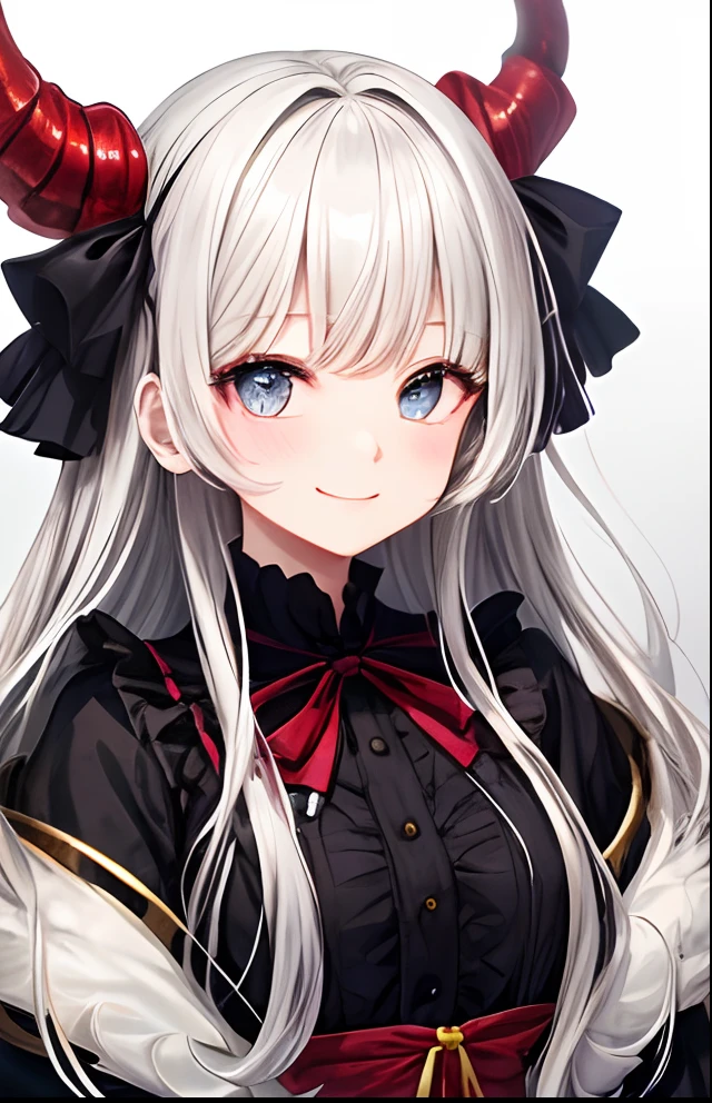 girl with、No background、without background、Background through、Gray hairs、Gray hair、The long-haired、Long、Subject bangs、Aligned bangs、Black eyes、Black eyes、Eyes sparkle、Sparkling eyes、Red and black dress with stripes、bow ribbon、The dragon、shenron、feathered、A smile、kawaii、without background
