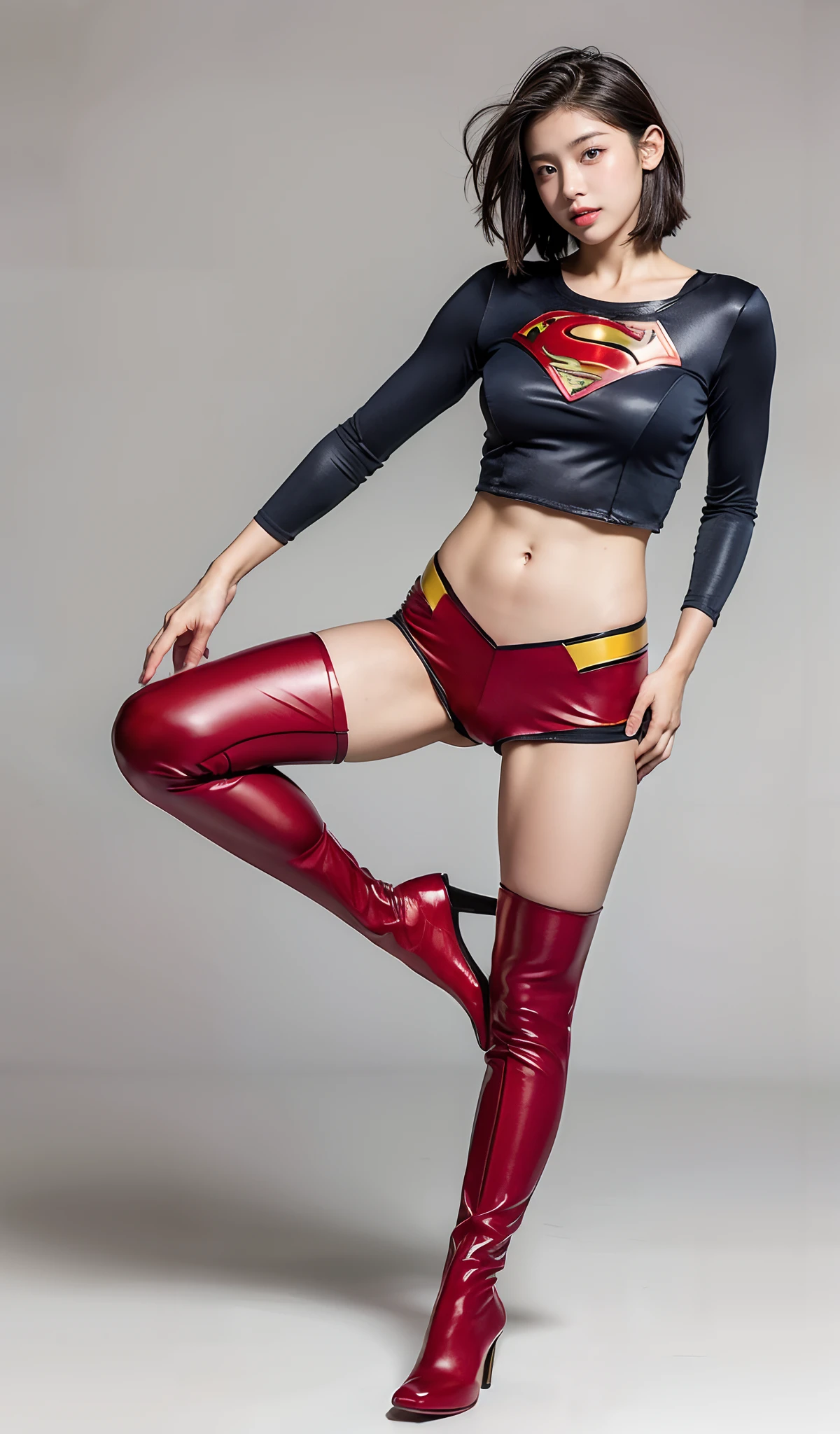 (((Wear black tights on your beautiful legs.)))、(((Grow legs、tall、Legally express the beauty of your smile)))、((((Make the most of the original image)))、(((Supergirl Costume)))、(((beautiful hairl)))、(((Suffering)))、(((Feet must necessarily be worn with black tights)))、(((You need to wear red boots)))、((Top image quality、8K))、((top-quality、8K、​masterpiece:1.3))、(((Keep Background )))、Crisp focus:1.2、Beautiful woman with perfect body shape:1.4、Slender Abs:1.2、a wet body:1.5、Highly detailed facial and skin texture、8K