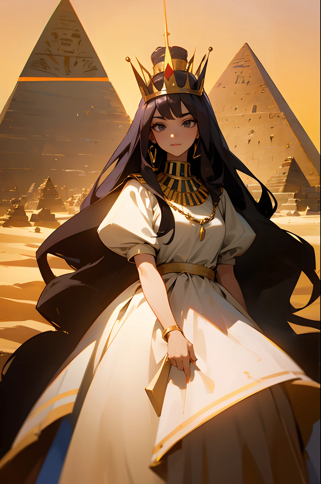 A queen wearing a crown and a medieval dress stands against the background of the pyramids of Egypt