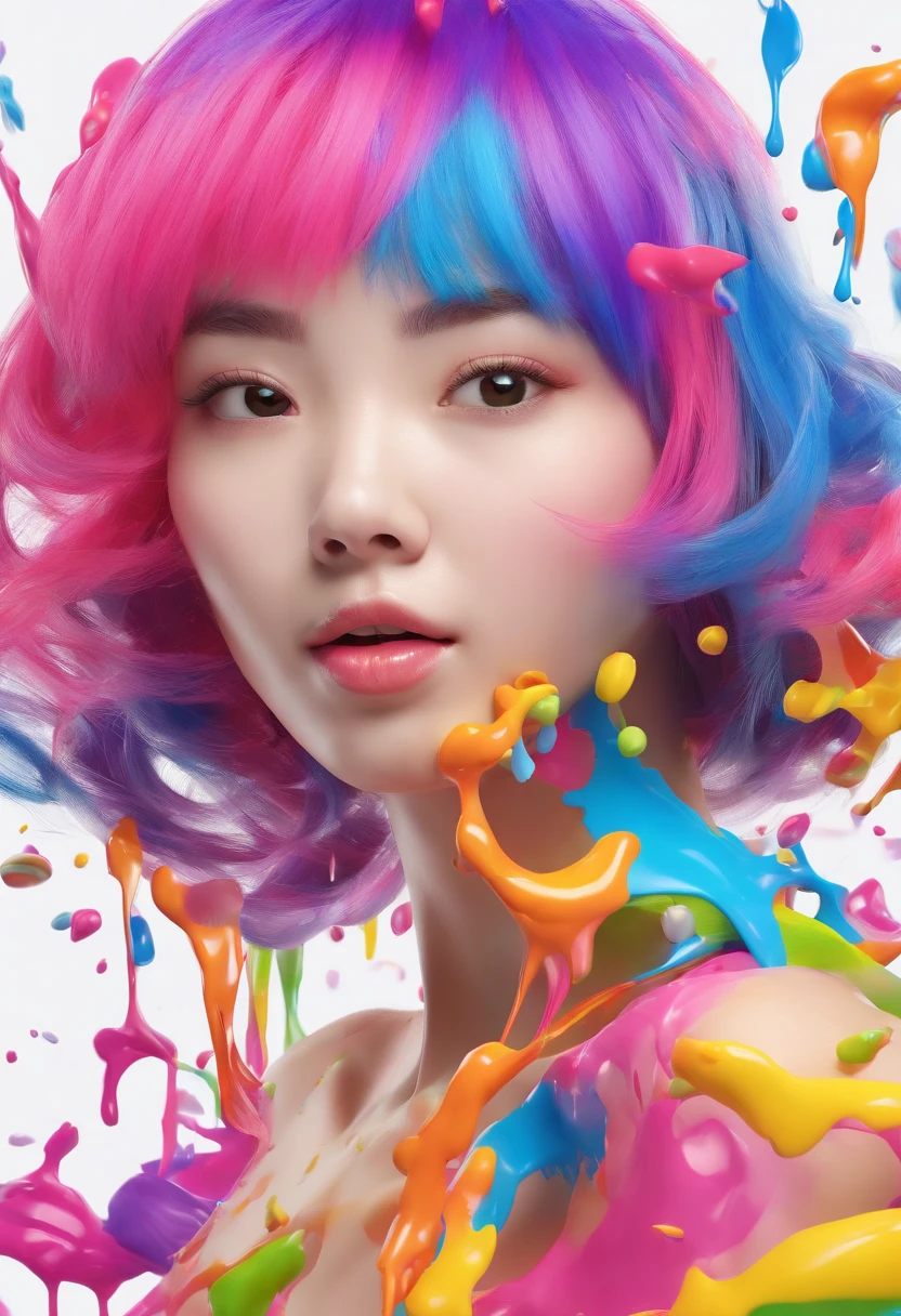 (Masterpiece, Best Quality, High Resolution), White Background, ((Paint Splash, Color Splash, Splash of Ink, Color Splash)), Sweet Chinese Girl, Rainbow Hair, Pink Lips, Front, Upper Body