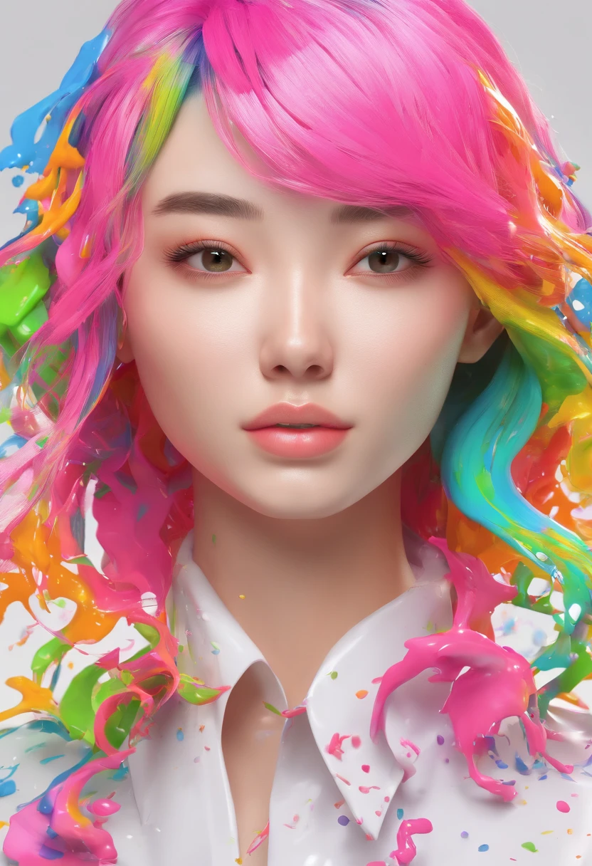 (Masterpiece, Best Quality, High Resolution), White Background, ((Paint Splash, Color Splash, Splash of Ink, Color Splash)), Sweet Chinese Girl, Rainbow Hair, Pink Lips, Front, Upper Body