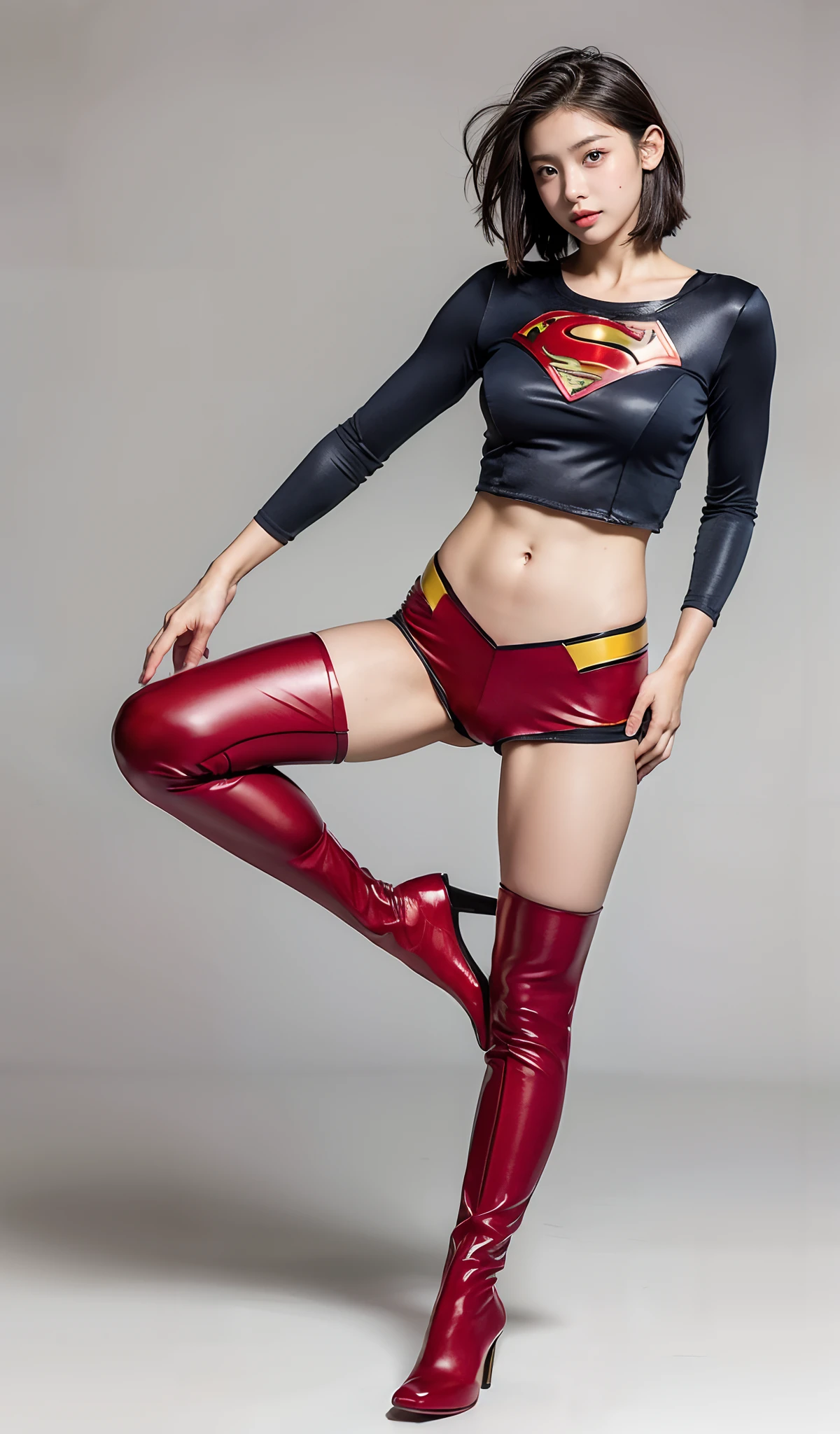 (((Wear black tights on your beautiful legs.)))、(((Grow legs、tall、Legally express the beauty of your smile)))、((((Make the most of the original image)))、(((Supergirl Costume)))、(((beautiful hairl)))、(((Suffering)))、(((Feet must necessarily be worn with black tights)))、(((You need to wear red boots)))、((Top image quality、8K))、((top-quality、8K、masterpiece:1.3))、(((Keep Background )))、Crisp focus:1.2、Beautiful woman with perfect body shape:1.4、Slender Abs:1.2、a wet body:1.5、Highly detailed facial and skin texture、8K