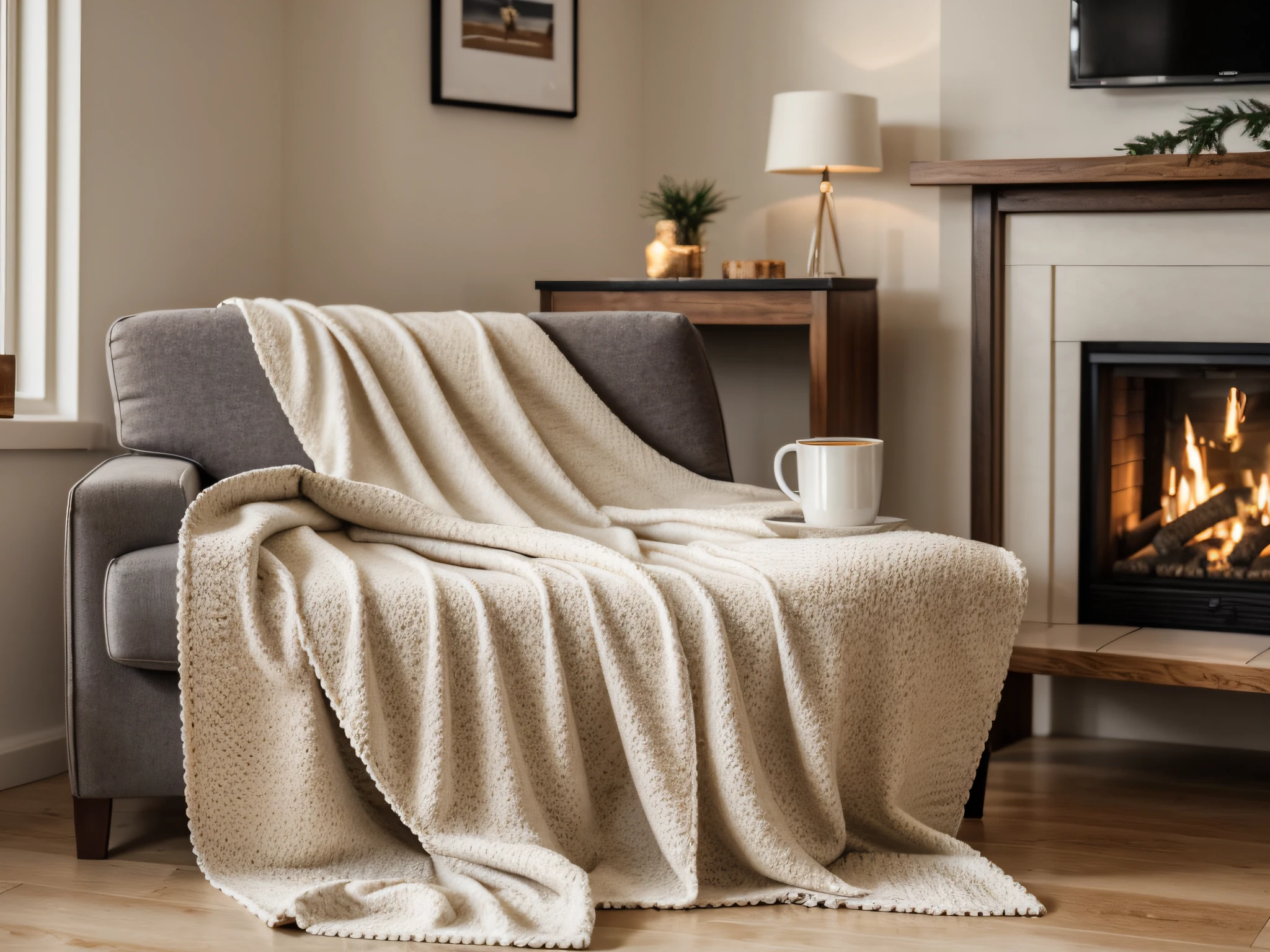 (a cup of hot COFFEE WITH MILK) [sits] (on a chair) [with] (a cozy wool blanket) [in a cozy living room) [with a fireplace]. (Cozy winter day) (warm light), [warm atmosphere], (UHD, 8K).