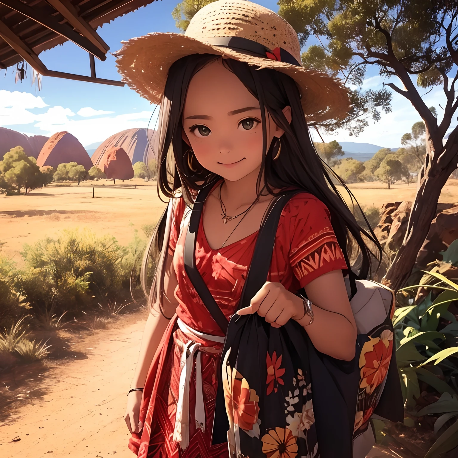 Tourism in Australia、Ayers Rock、Pretty girl、Aboriginal costume、​masterpiece、细致背景