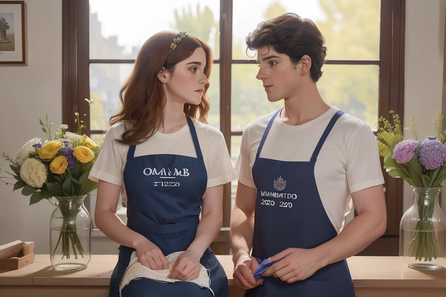 year: 2023. Location: Madrid. Pre-Raphaelite scene with a 30-year-old Emma Watson, with (Edward Bluemel), flower shop, preparing flower bouquets, ((((casual clothing from the 2020s, t-shirt and apron)))) ((Hairstyle of the 2020s)), ((("OMITB" cinematography)))