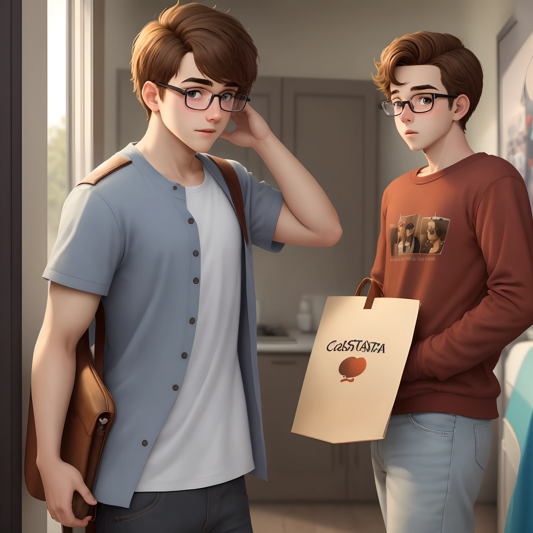 Homem, adolescente, cabelo cacheado castanho, wears glasses, Pixar Graphic