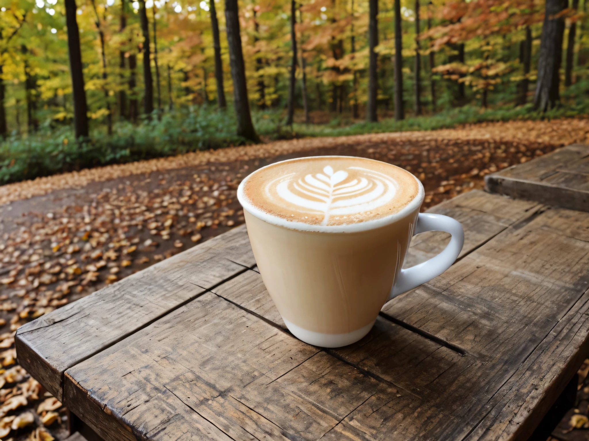 HOT LATTE ON A RUSTIC TABLE IN THE BACKGROUND OF THE FOREST IN AUTUMN