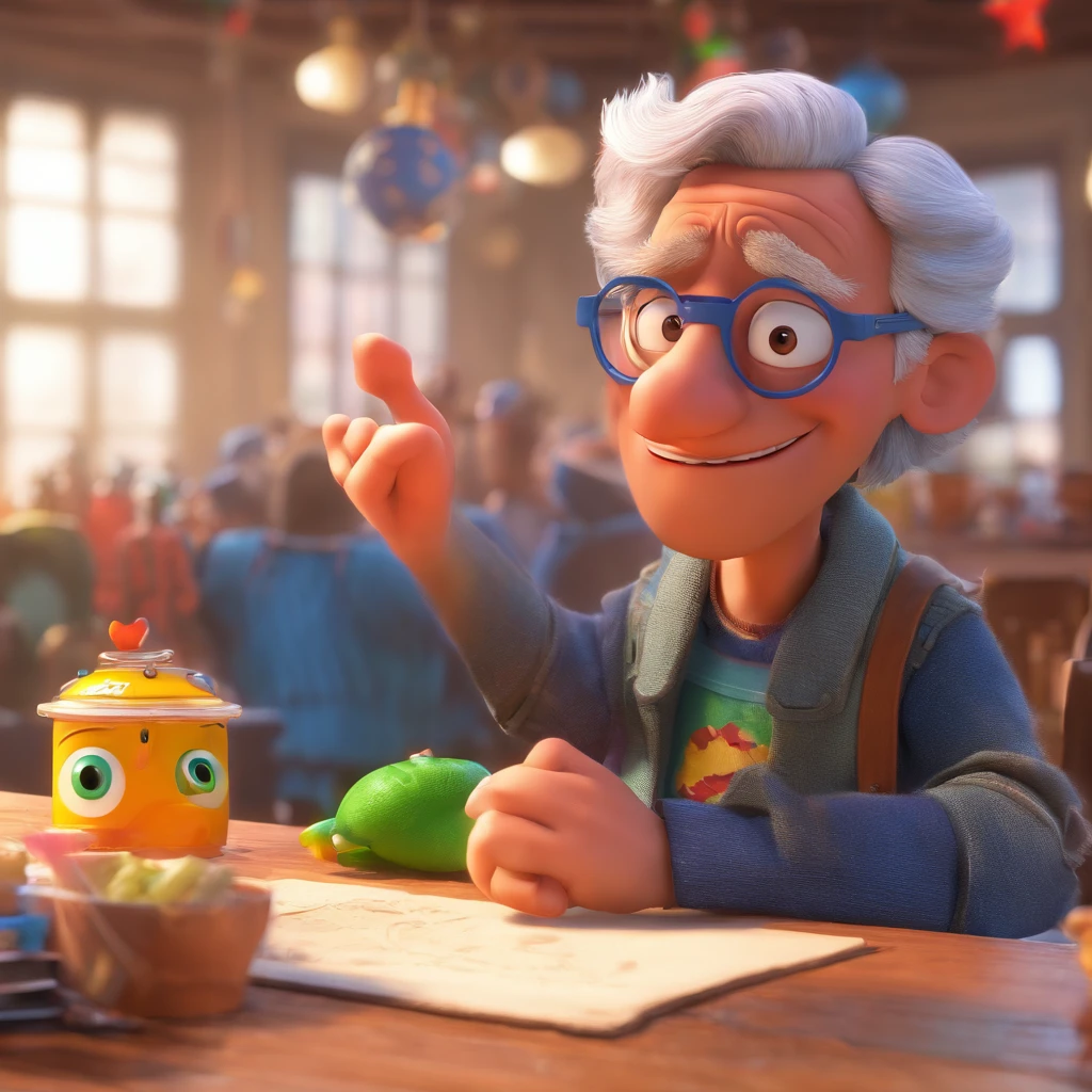 Crie um cartaz inspirado na Disney Pixar com o personagem sendo o deputado Keniston Braga, A white-haired man wearing glasses, the scene will be in Pixar's distinctive digital art style. Focus on Character Expressions, Vibrant colors and detailed textures feature its animations, with the title " Keniston Braga no meio, Quero a cena dos principais filmes do PIXar