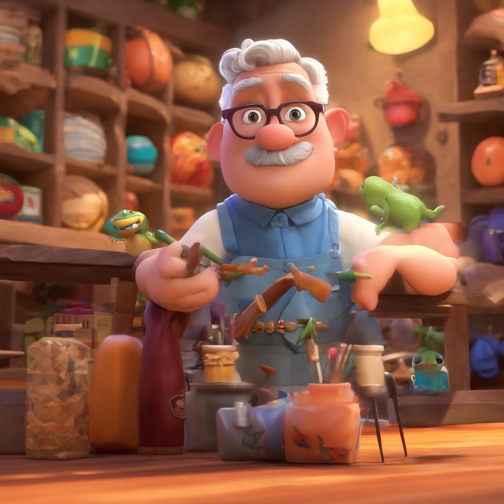 Crie um cartaz inspirado na Disney Pixar com o personagem sendo o deputado Keniston Braga, A white-haired man wearing glasses, the scene will be in Pixar's distinctive digital art style. Focus on Character Expressions, Vibrant colors and detailed textures feature its animations, with the title " Keniston Braga no meio, Quero a cena dos principais filmes do PIXar