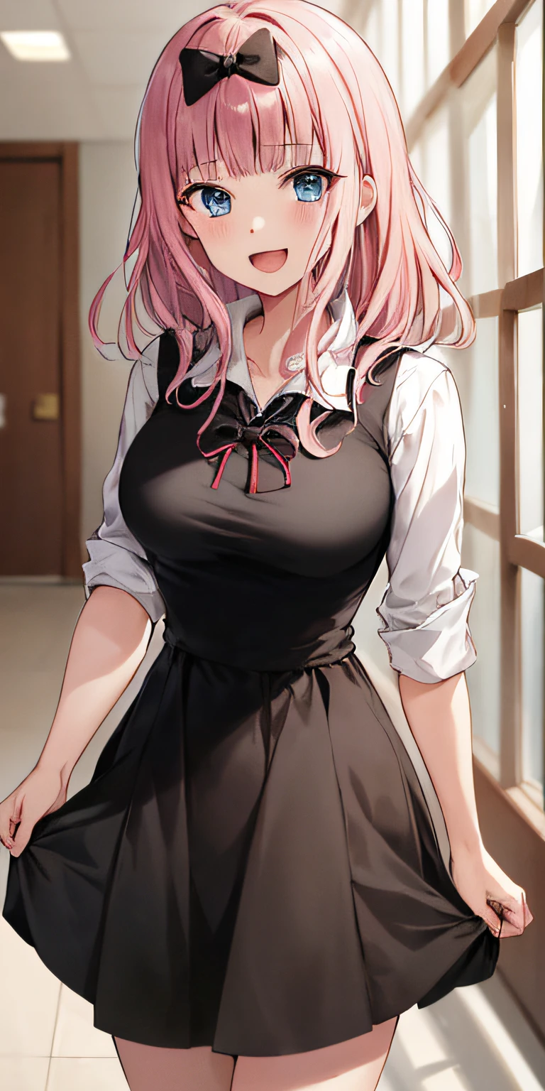 2d, masterpiece, best quality, anime, highly detailed, cowboy shot, 1girl, solo, fujiwara chika, blue eyes, pink hair, hair bow, black bow, school uniform, summer uniform, large breasts, standing, indoors, hallway, :d