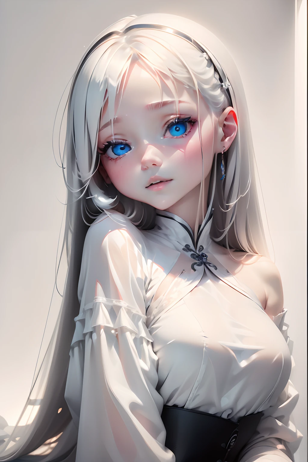 (((White background:1.3)))、Best Quality, masuter piece, High resolution, albino girl、(((1girl in))), ,(((eyes are white:1.3)))、robe blanche、((White shirt:1.3、White Block Dress)), Tindall Effect, Realistic, Shadow Studio,Ultramarine Lighting, dual-tone lighting, (High Detail Skins: 1.2)、Pale colored lighting、Dark lighting、 Digital SLR, Photo, High resolution, 4K, 8K, Background blur,Fade out beautifully、a white world、White background