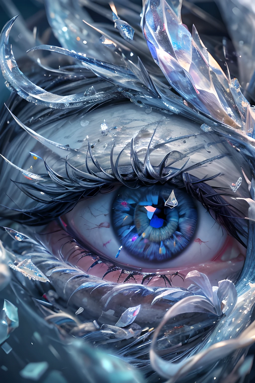 arafed, high details, best quality, 16k, [ultra detailed], masterpiece, best quality, (extremely detailed), dynamic angle, ultra wide shot, RAW, photorealistic, a extreme magnified picture of (1) icy snake eye of a frozen devil, icy Fragments rimes on the eye lashes, light blue iris, a full whitw moon, round moon being reflected on the iris, 3D rendering, [[anatomically correct]] zrpgstyle