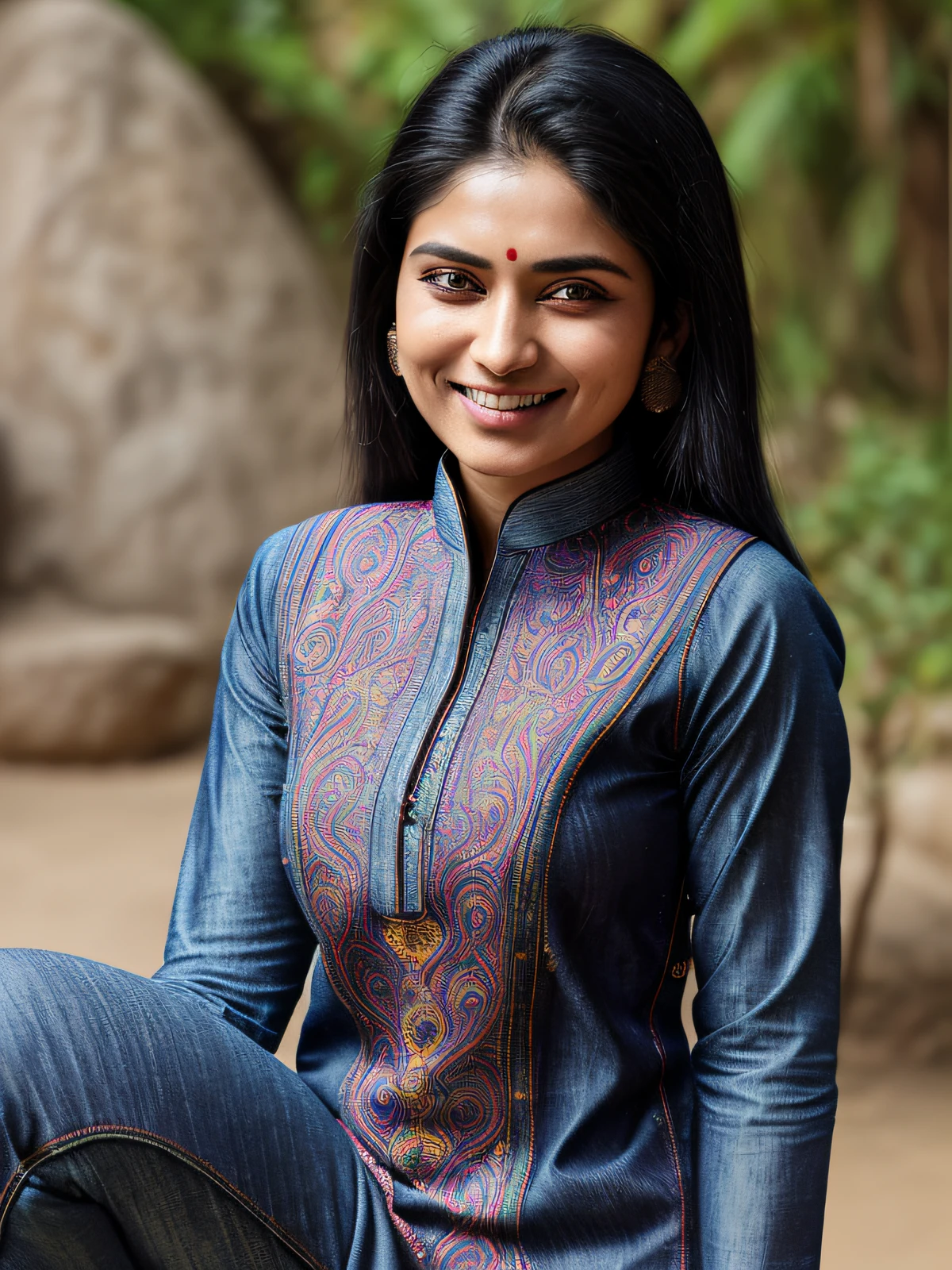 hires close up photo of a (shru woman) outdoors, looking looking at camera, smiling, colorful high neck (kurta_with_Jeans:1.2), bobbed black hair, ultra-detailed, photorealistic, intricate details, perfect face, full sharp, detailed face