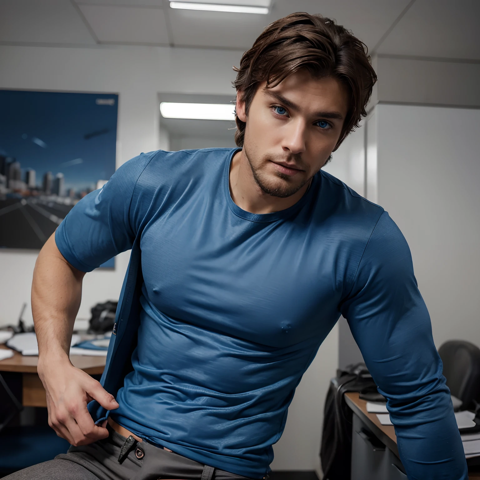 Hot slim muscular boy, 25 years old, detailed face, very handsome, , blue eyes, trimmed beard, blue pants, blue shirt, grey coat , messy hair, medium hair, brown hair, at office, masterpiece, 8k high resolution, camera on side,