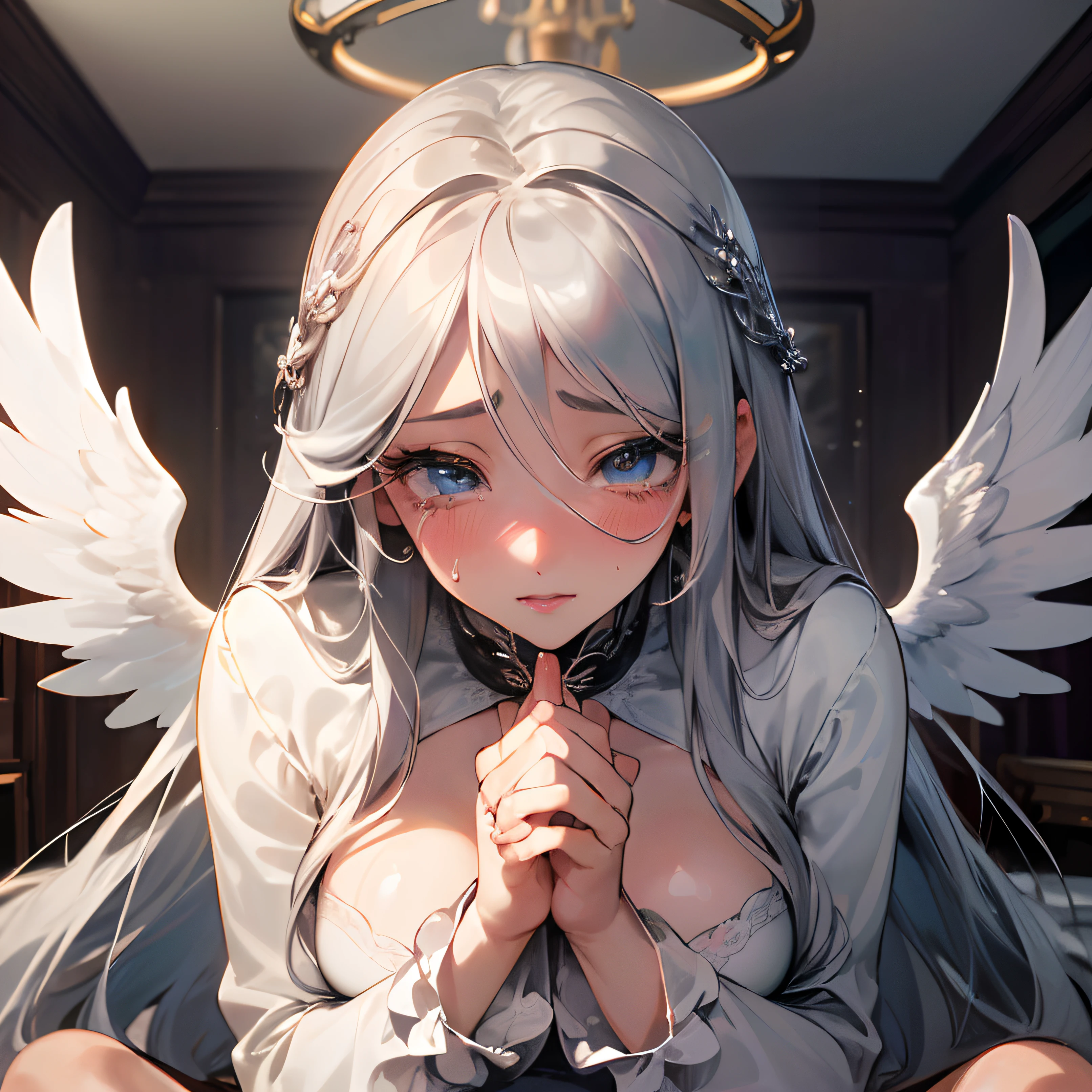 (High quality anime, High resolution, Ultra-detailed, beautifully detailed eyes, Beautifully detailed lips, extremely detailed eye and face, long eyelashes, Silver hair, Large breasts, Angel Rings and Wings,  masturbation, Blushing face, Long hair, in a house, flowing tears, On all fours, Buttocks visible)