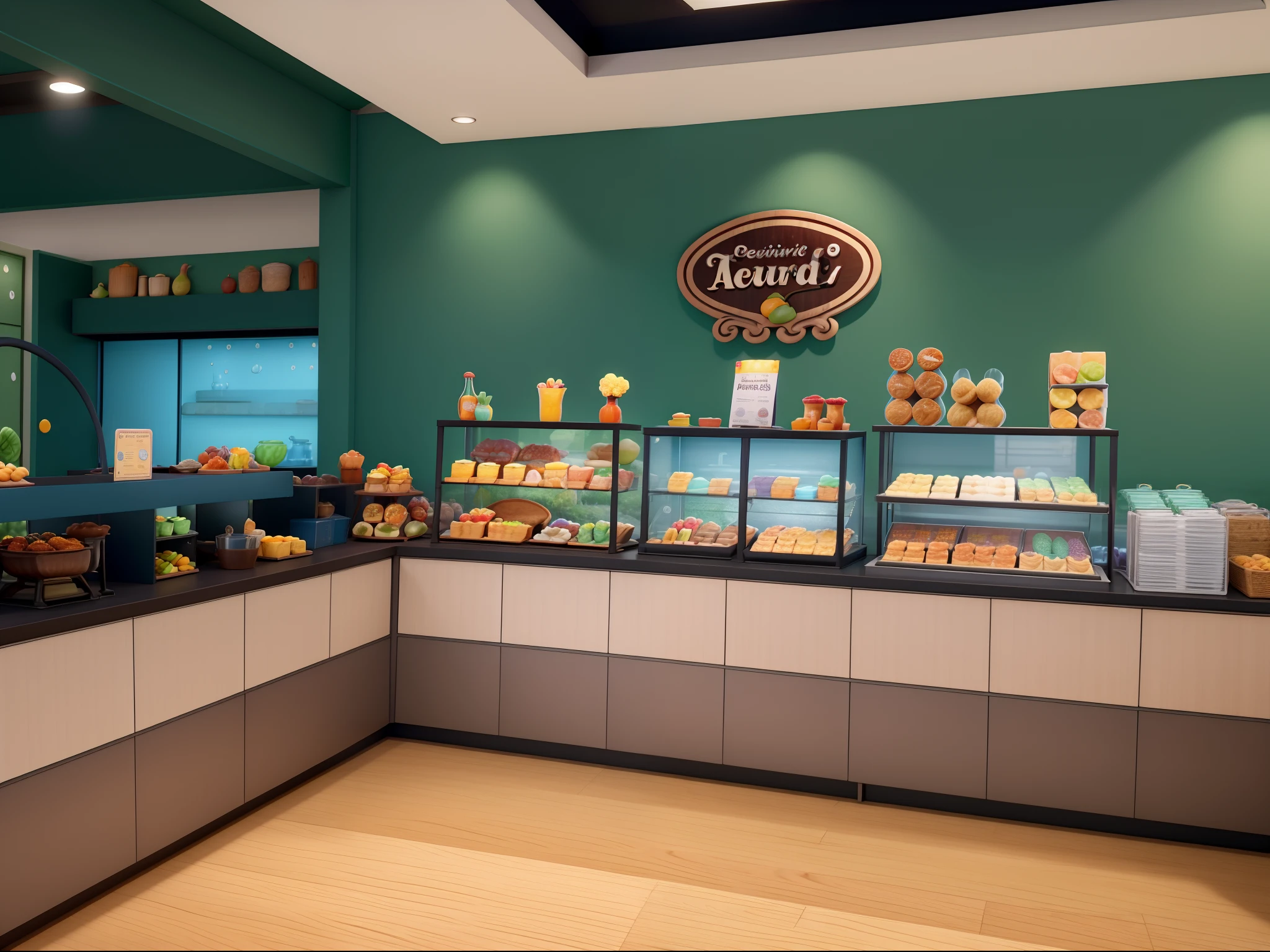 Pixar style animation drawing of Amapalu Confectionery: represente uma padaria e confeitaria cheia de produtos deliciosos, como doces, salgados e bolos, plus a buffet lunch. Leave viewers mouth-watering and welcomed.