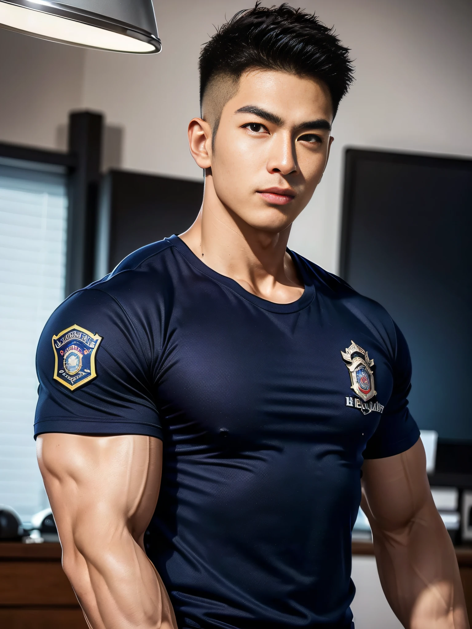 (masterpiece: 1.2),(CGI Art:1.3),(Realistic:1.5),(Post Processing:1.3),(crisp focus:1.3),10,1 man , (Wearing a navy police T-shirt.) , Short Hair Hair, Young Korean , Korean Men, (High shadow detail),Pectoral muscles, Big arm muscles, blood vessel, Big muscles, Wide shoulders, policeman , Dumbbells, exercise ((In the office))