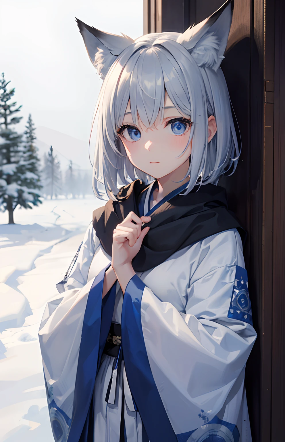 ​masterpiece,Top image quality,hight resolution,imagem 4k,Raw photo,Photorealsitic,{Solo},teens girl,silber hair,Bery short hair,stare at each other,Blue eyes,小柄,Silver fox ears,Fox tail,snowscape,,,boyish,Ainu pattern,,,,,