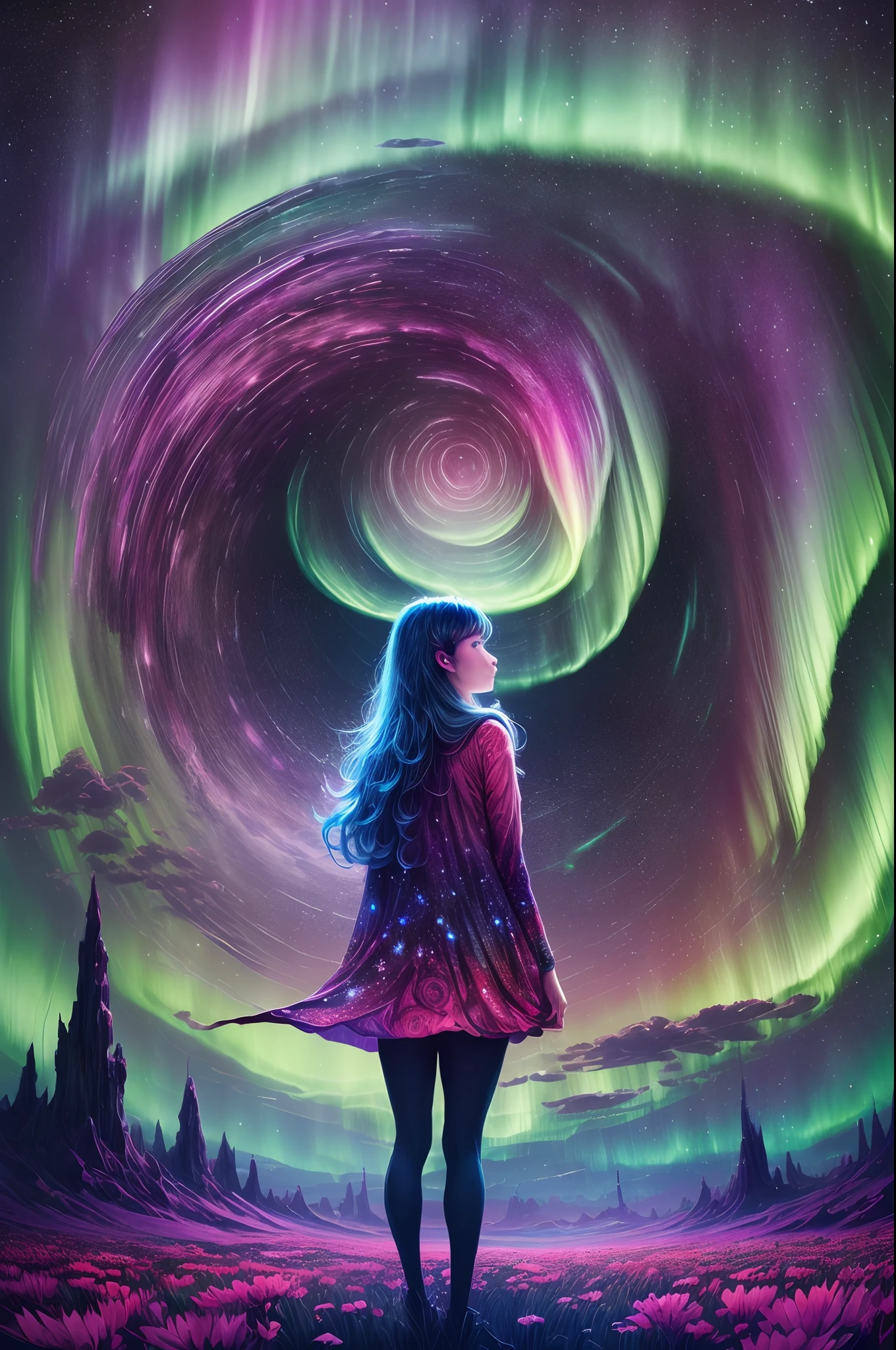（Girl standing in front of a swirl of colorful Northern Lights: 1.5），((Neon Star， Around the flowers，truth， expecting， Depth-of-fie， insight， Understood， mont， The Milky Way is lush, Translucent clouds， spectrum， in a panoramic view， Interstellar cycles， cycle， portal， Mare， extreme light， The Global Northern Lights，The sky is covered in the beautiful Northern Lights))，Bright colors，Thick lines，wave，Multi-layered，foreground、Faraway view、fractal thunder dan mumford，Dammford and Alex grey style，Psychedelic surrealist art，Surrealist psychedelic design，dream art style，Illusion psychedelic art，Infinite psychedelic waves，Inspired by Cyril Rolando (Cyril Rolando)，Authentic ripple structure，Psychedelic art style，trippy art，psychedelic illustrations