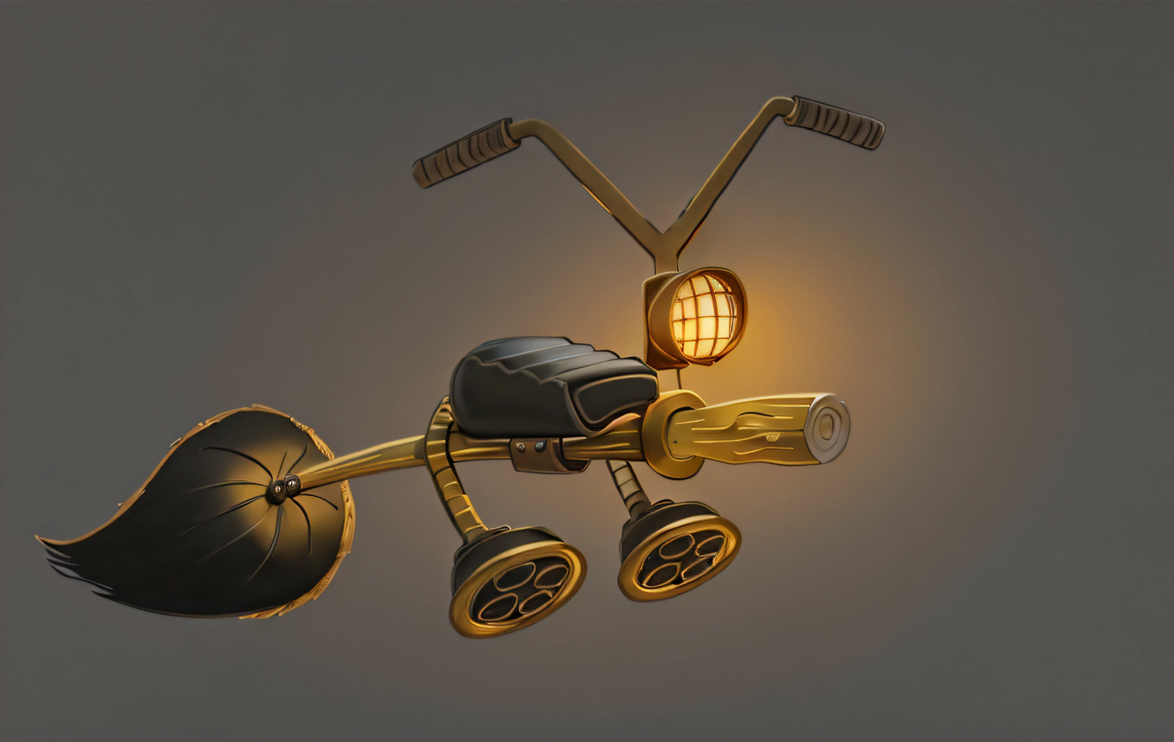 A broom similar to a motorcycle, painting, illustration, don't show my sketches, fire light metal and gold color, Black leather the chair