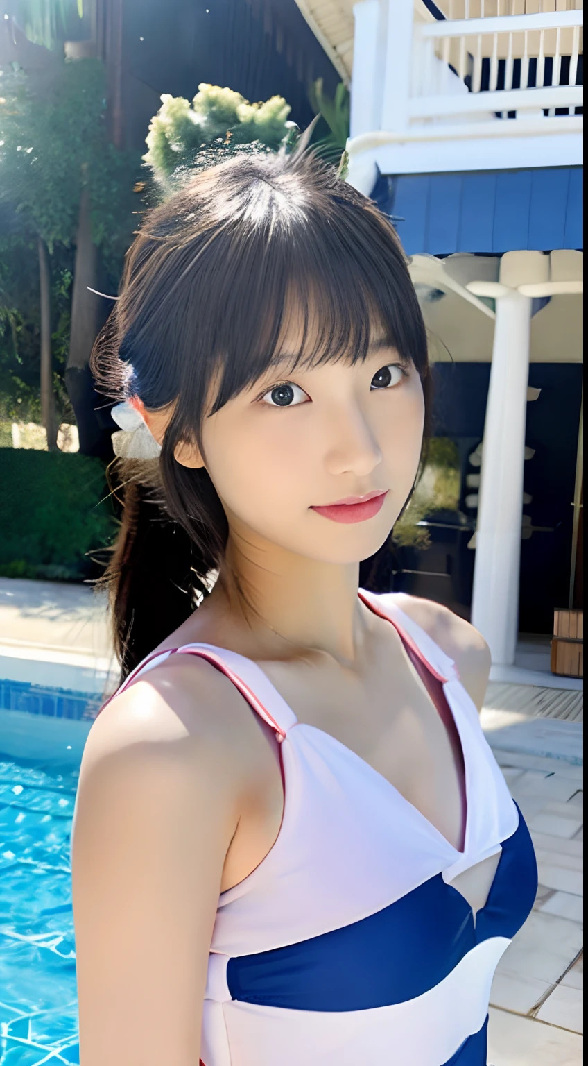 ((スポーツSwimwear:1.3)), Swimwear,A close-up, photorealistic portrait of a young Asian woman with smooth skin, large eyes, and a gentle smile. She is standing in front of a blurred background of hydrangea flowers. High detail, 8k resolution, ultra-detailed, masterpiece. ((Upward glance)), ((angle From above: 1. 3)), From above, Looking into the camera,