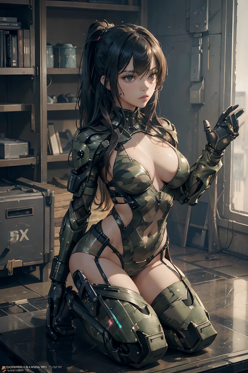 Beautiful Alluring cyberpunk female soldier jenna ortega, wearing camo colored suit, camo armor, camo leotard, glowing parts, exposed mechanical arms, exposed mechanical legs, Athletic Well Toned Body, Elegant Form, Barely Clothed, cleavage, Beautiful Face, Ominous cyberpunk Theme, Fiverr Dnd Character, Octane Render, Digital Art, Extreme Detail, 4k, Ultra Hd, Polished, Beautiful, Hyperdetailed, Intricate, Elaborate, Meticulous, Photorealistic, Sharp Focus, Wlop, Character Design, Unreal Engine, 3d Rendered, Volumetric Lighting, Reflections, Glossy, Digital Illustration, Sensual Pose, Suggestive Pose, Lewd, Full Body Shot, anatomically correct, 💖❤💕💋❣