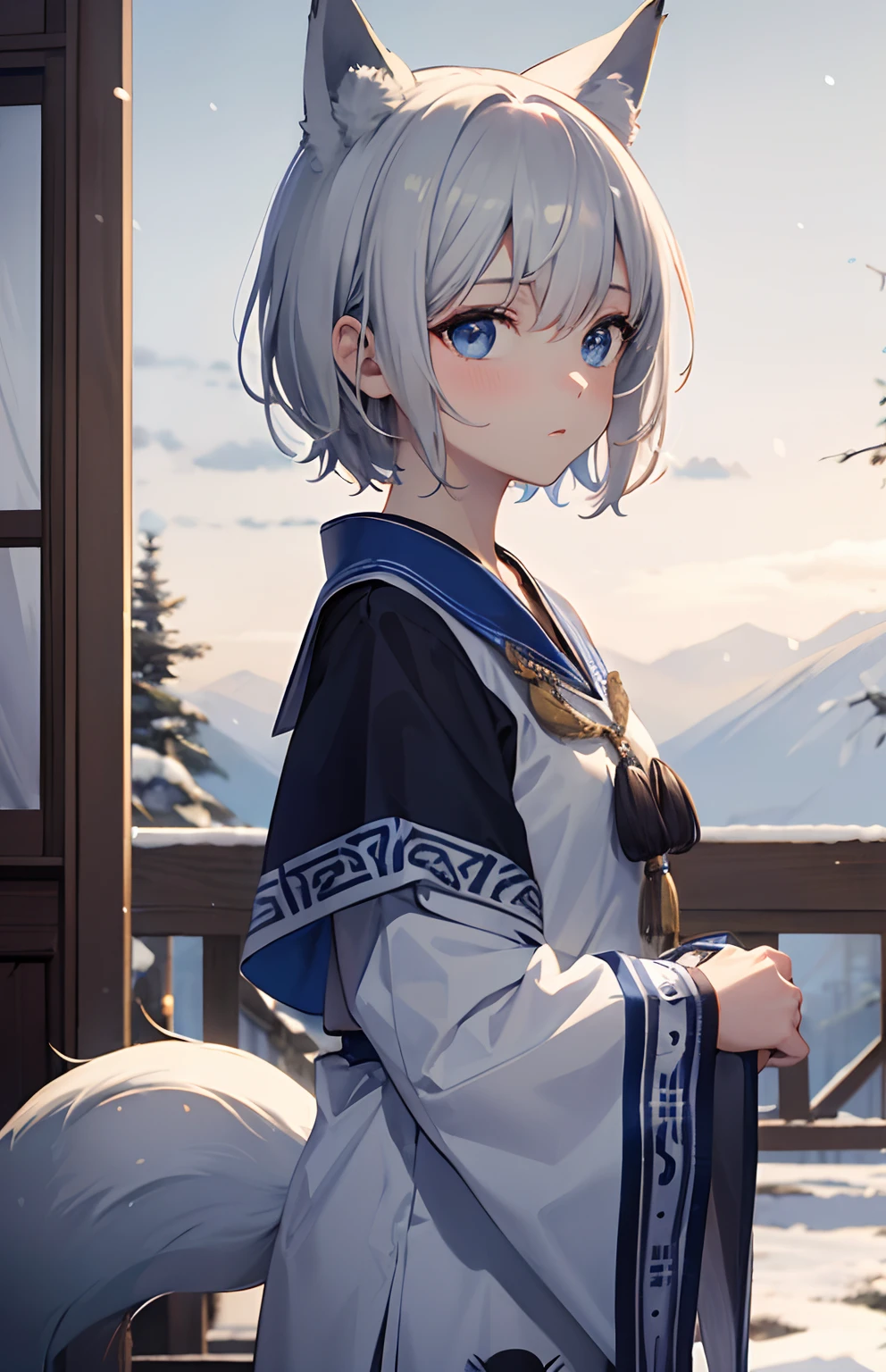 ​masterpiece,Top image quality,hight resolution,imagem 4k,Raw photo,Photorealsitic,{Solo},teens girl,silber hair,Bery short hair,stare at each other,Blue eyes,小柄,Silver fox ears,Fox tail,snowscape,,,boyish,Ainu pattern,,,,,
