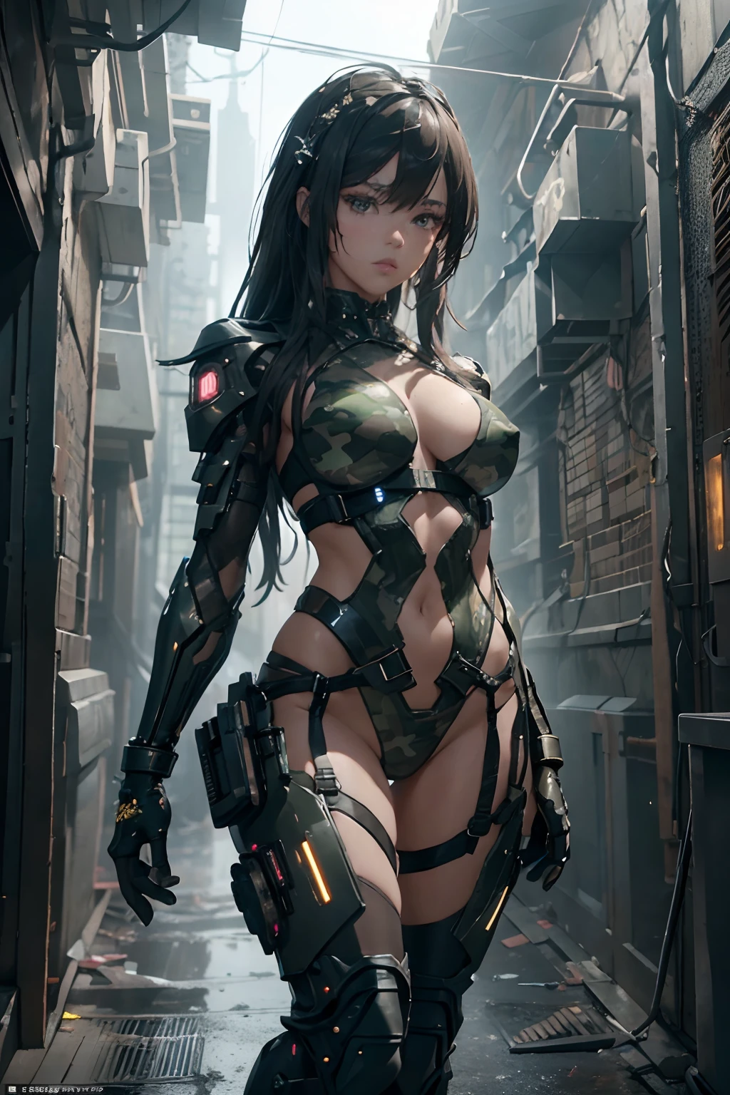 Beautiful Alluring cyberpunk female soldier jenna ortega, wearing camo colored suit, camo armor, camo leotard, glowing parts, exposed mechanical arms, exposed mechanical legs, Athletic Well Toned Body, Elegant Form, Barely Clothed, cleavage, Beautiful Face, Ominous cyberpunk Theme, Fiverr Dnd Character, Octane Render, Digital Art, Extreme Detail, 4k, Ultra Hd, Polished, Beautiful, Hyperdetailed, Intricate, Elaborate, Meticulous, Photorealistic, Sharp Focus, Wlop, Character Design, Unreal Engine, 3d Rendered, Volumetric Lighting, Reflections, Glossy, Digital Illustration, Sensual Pose, Suggestive Pose, Lewd, Full Body Shot, anatomically correct, 💖❤💕💋❣