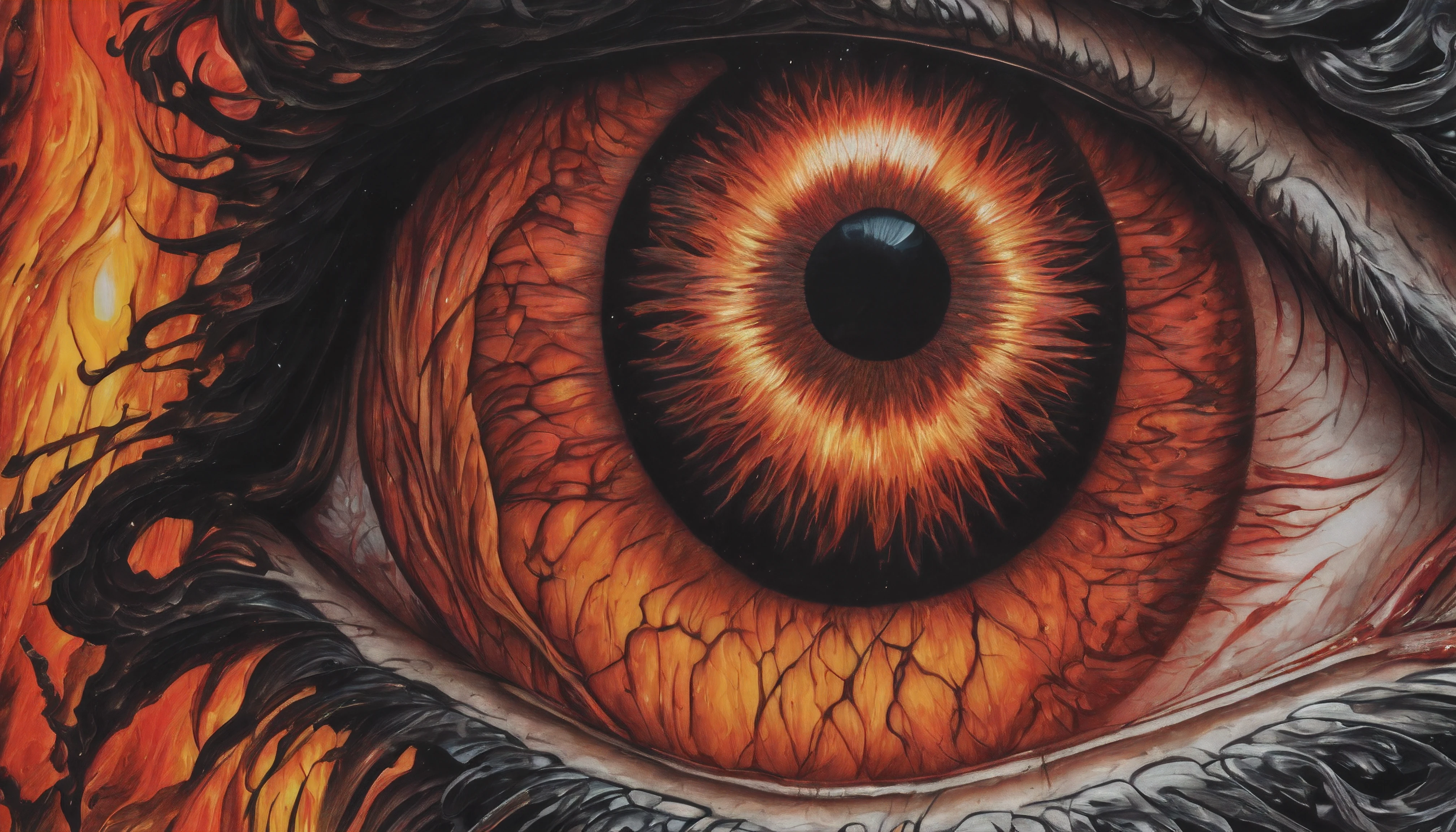 devil's eye , extreme eye close up, lava reflecting, black ink around it, highly detailed, intricate details, vibrant, rich colors, radiating colors, crisp clarity,