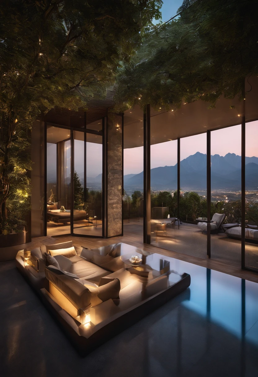 A house with a sense of futuristic technology,Three-story building,Facing the mountains,Facing the lake,Huge swimming pool,Modern architectural style, ultra detailed photographic,buliding,Convoluted,Shadowing, HighDynamicRange,Dynamic lighting, Photorealista, natural soft light, Low H, tmasterpiece, detailed 8k,There are so many details,Large floor-to-ceiling glass,Combining technology and the natural environment,Has a super cool look,。The colors are saturated and vivid,Warm blues and purples dominate the skyline。The overall effect is beautiful、Awe-inspiring,visionary(wide wide shot)、超A high resolution(breality:1.4)、hyper quality、the Extremely Detailed CG Unity 8K Wallpapers、aesthetics、awardwinning photo、真实感、high detal、Detail Enhancement,Remove blur,Convoluted、The Art of Travel。Stunning visual impact。Beautiful futuristic city,Beautiful city, Dream Places in China, , pexels, blue hour photography,Chinese dreamland,magnificient clouds,Fantasy clouds。perfect-composition,Best Exhibitions,the golden ratio) ,PastelColors,Dramatic,cinmatic lighting,Trending in art stations,CGsociety trend,Huge detail,