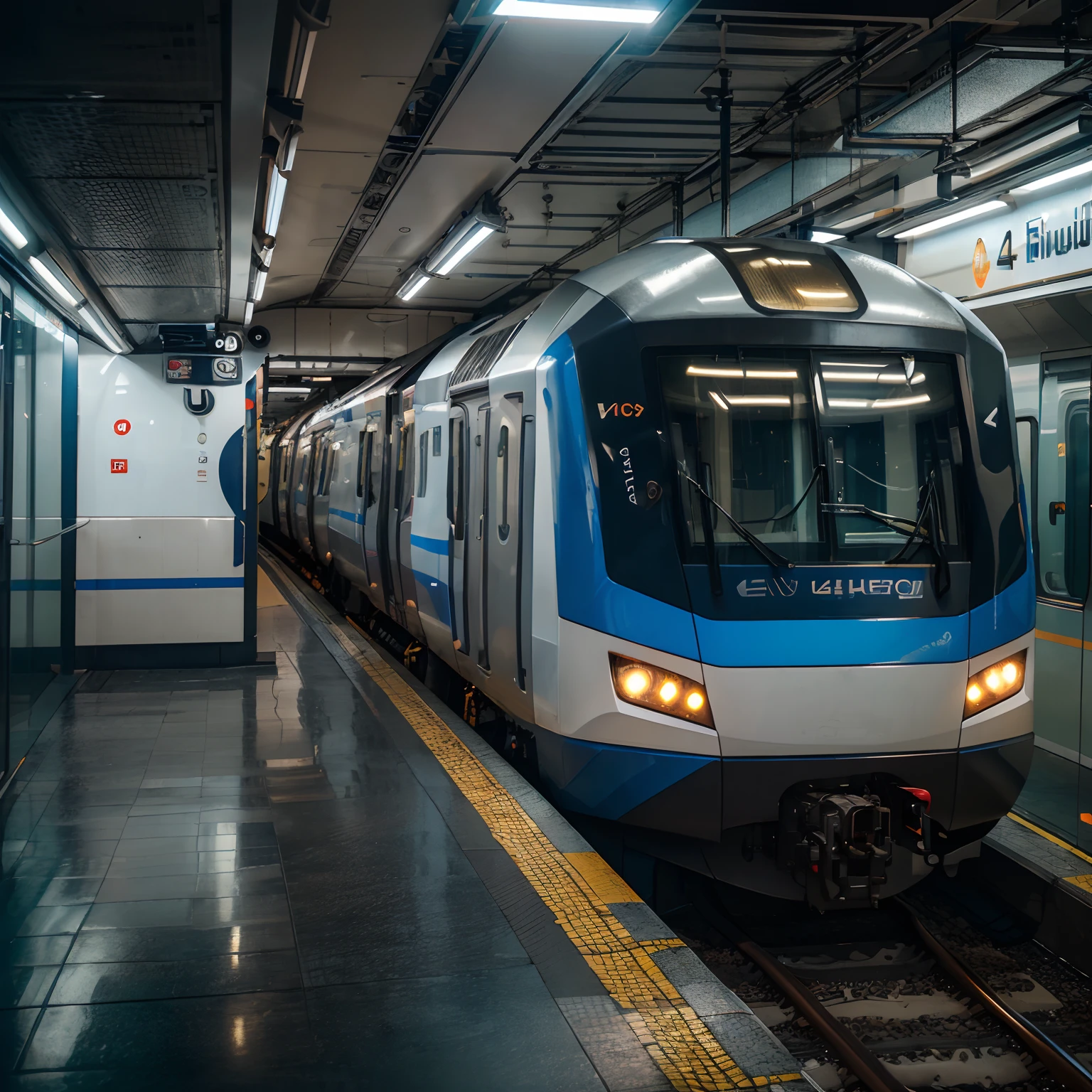 (best quality,4k,highres),(realistic:1.37),(HDR,UHD),(studio lighting),(vivid colors),(physically-based rendering)
exterior shot of a brand new ultra-modern subway futuristic train locomotive from the city of São Paulo, grahite and blue, stationary at a modern station, with the train doors open.