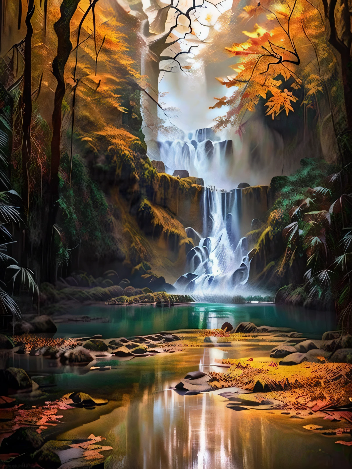 There is a waterfall in the middle of a forest of autumn leaves, Beautiful image, stunning images, fall season, autumn tranquility, lakes and waterfalls, forest and waterfall, a river flowing with waterfall, Beautiful place, Beautiful nature, magical leafs falling, waterfalls and lakes, amazing depth, river in a forest, during fall, autum, peaceful beautiful waterfall, !!Beautiful!!