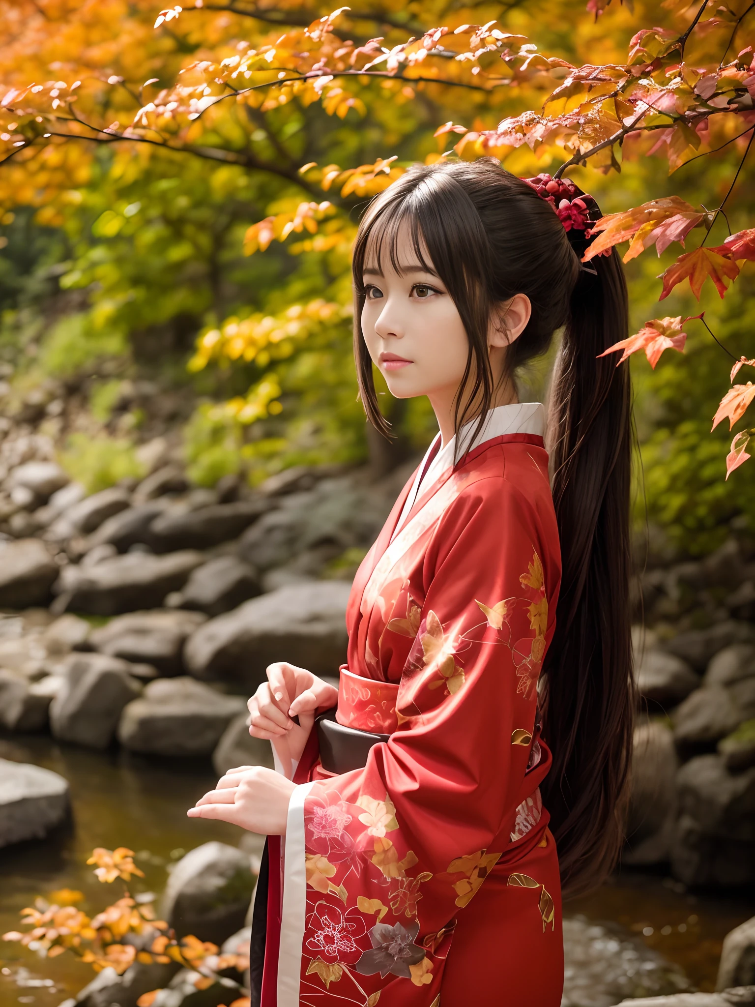 (Raw photo:1.2), (Photorealistic), Beautiful detailed girl, Very detailed eyes and face, Beautiful detailed eyes, Huge file size, High resolution, Very detailed, Best Quality, [masutepiece:1.6], Illustration, Very detailed, Fine detail, Best Quality, 8K Wallpaper, Movie Lighting, 18-year-old Japan female singer, wearing Japanese kimono, Ponytail, Beautiful face, Surrounded by trees with autumn leaves, Togetsu Gorge Bridge, Brightly dyed crimson,Dyed crimson, Guided by the day you want, Pray for the flow of the river, I've been thinking about you, I've been thinking about you, Always, My heart is by your side.