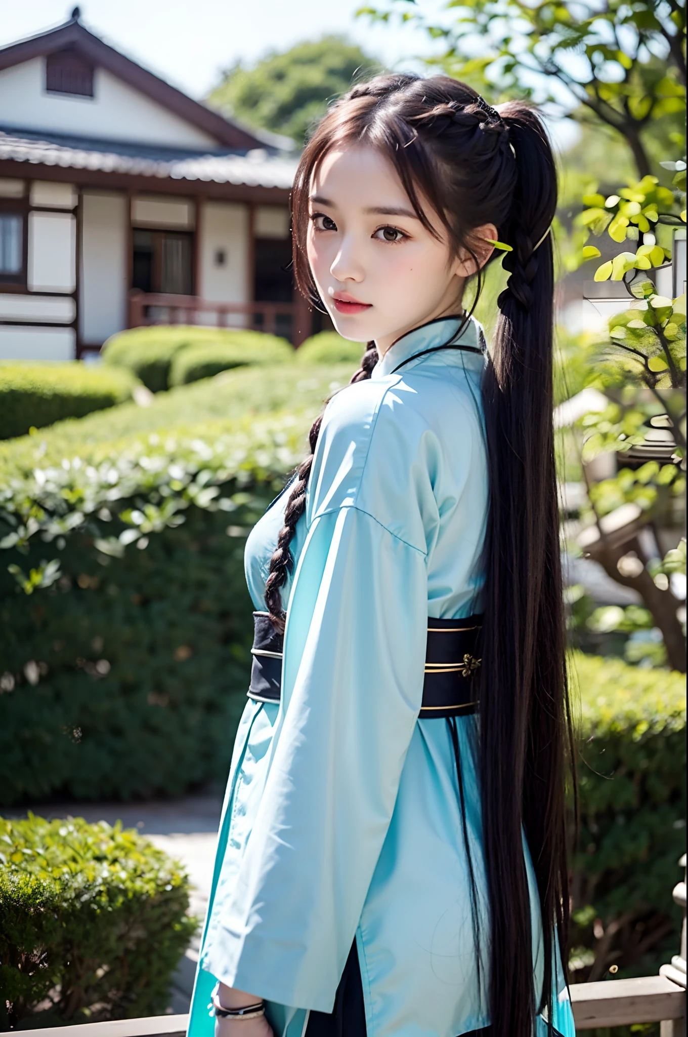 ((1girl in)),((building)), Braided bangs,braided ponytails,(Solo:1.2), Balck Hair, ,Looking at Viewer, Sunlight,Hanfu, Chenkiang-hsien,