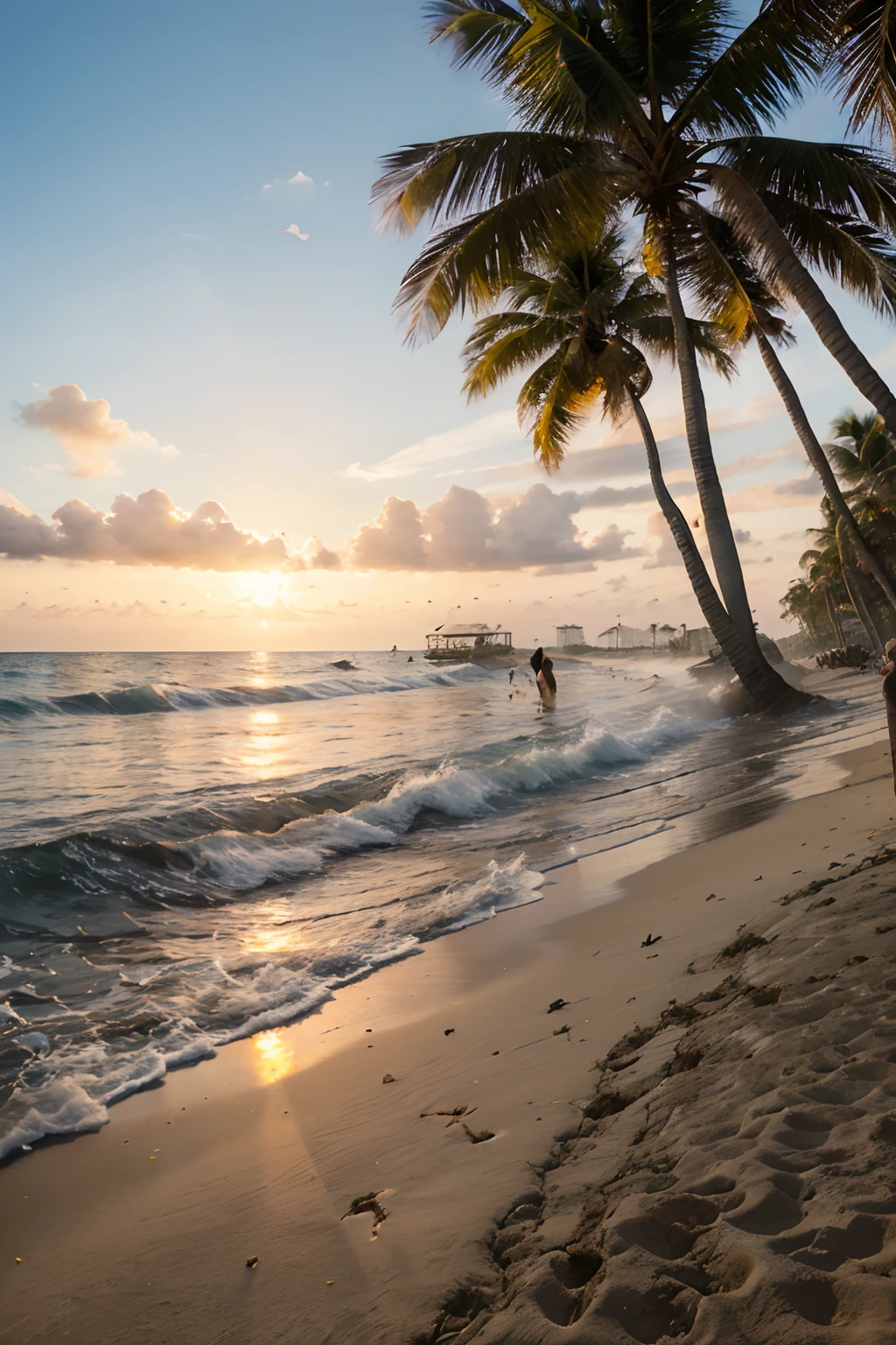 a beautiful beach at sunset, soft sandy shore, gentle waves, colorful sunset sky, palm trees swaying in the breeze, seagulls flying overhead, a handsome man, a beach chair and umbrella set up, a beach ball rolling in the surf, people enjoying swimming and playing in the water, warm golden light, peaceful and serene atmosphere, vibrant and saturated colors, high resolution and detailed, like a tropical paradise postcard